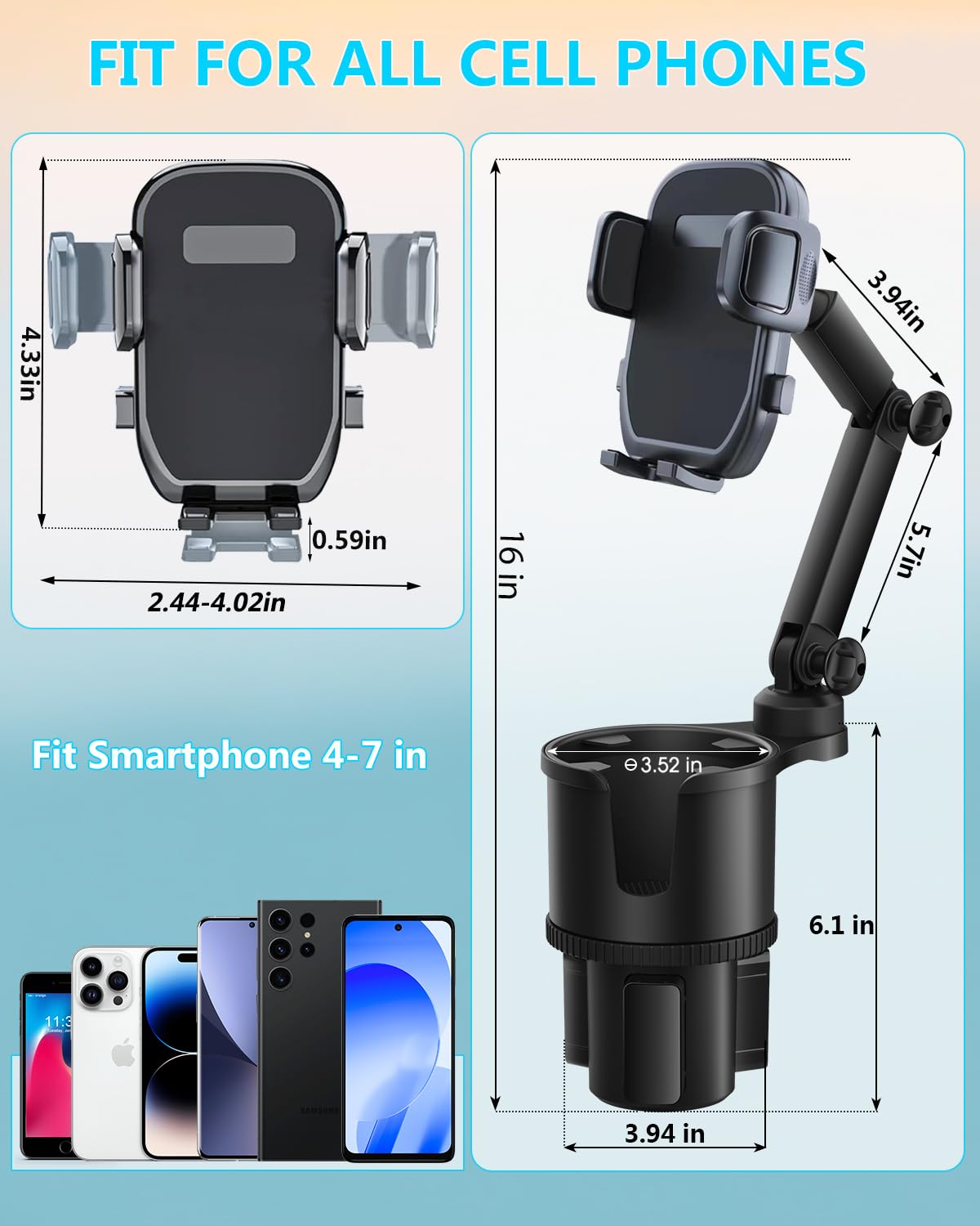 Easkkty Cup Phone Holder For Car With Expandable Base, 2 In 1 Adjustable Hands  Cell Phone Holders Car Cupholder Mount, Friendly Fit Large Bottle & Iphone All Cellphone For Truck Suv  No Shake Design