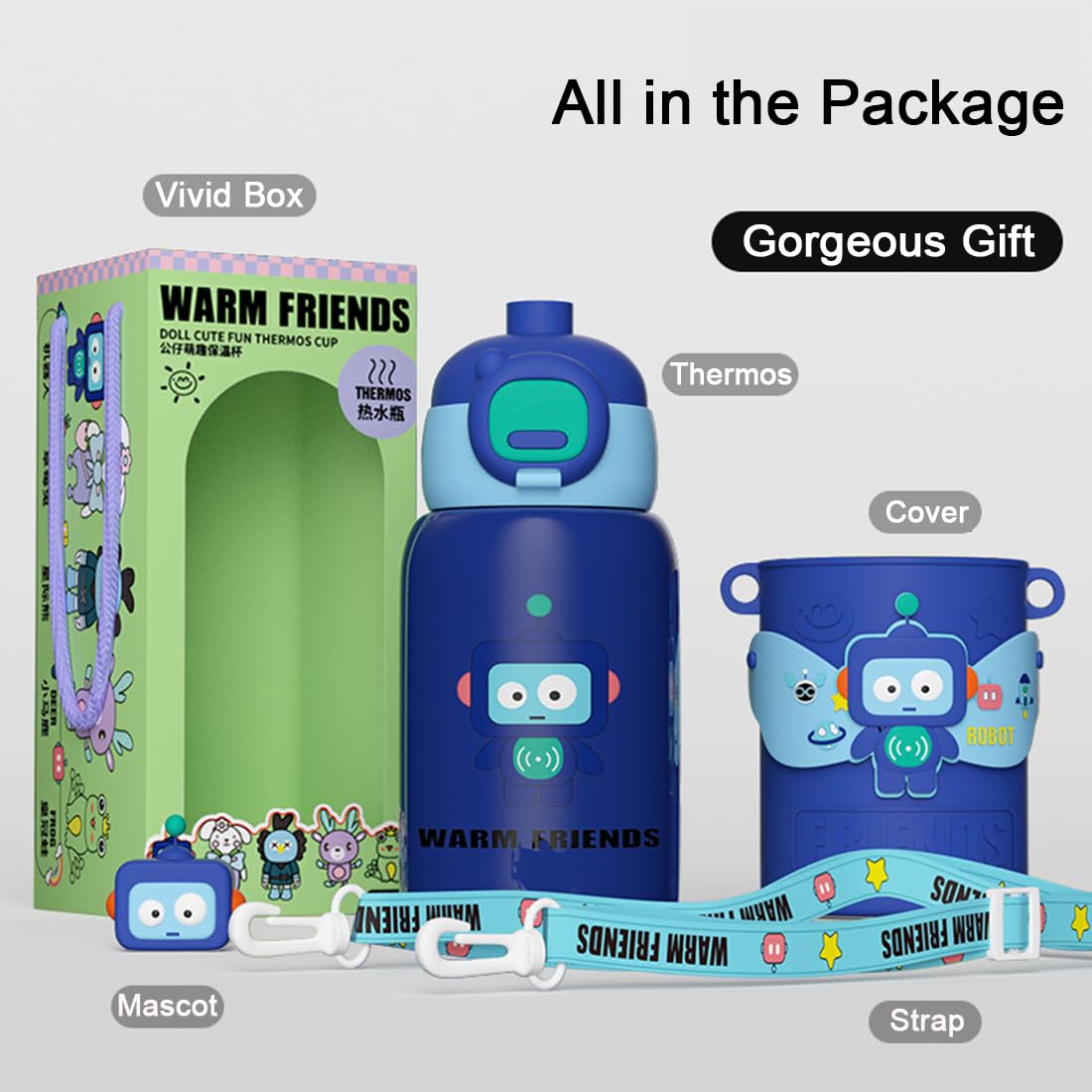 Cute Insulated Water Bottle With Straw Strap Kids, 15 Oz Metal Cups For Hot And Cold Drinks,