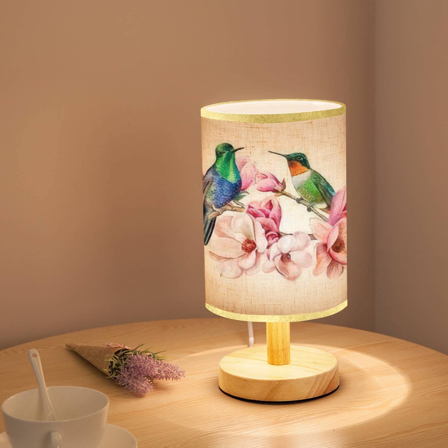 Lopyeijfg Minimalist Bedside Table Lamp Hummingbirds Sitting On A Flowering Branch Of Magnolia Exotic Birds Wood Nightstand Desk Base Flaxen Fabric Shade For Bedroom Living Room, 5.5X11Inch