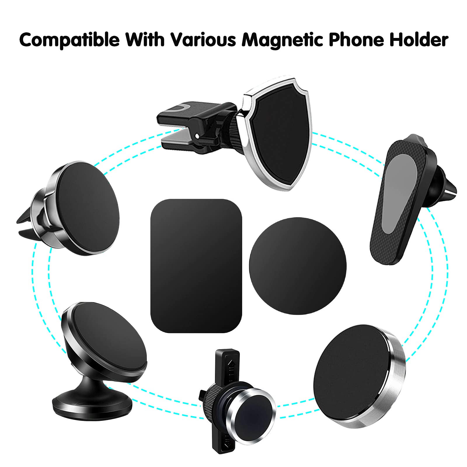 Pau1Hami1Ton Adhesive Thin Metal Plates(Compatible With Magnetic Mounts),8 Piece Metal Plates For Phone Case For Car.(4 Rectangle And 4 Round) S-07N(Black+Silver)