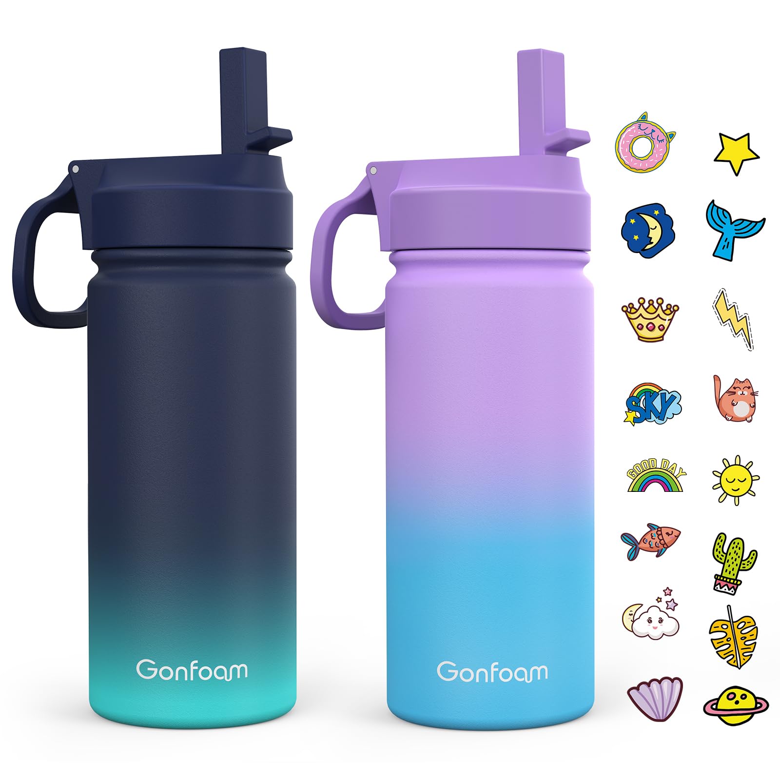 Kids Water Bottle, 2-Pack 16Oz Water Bottles With Stickers And Straw, Stainless Steel Vacuum