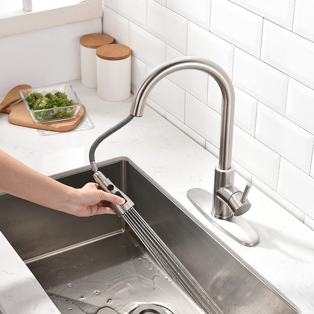 Owofan Brushed Nickel Kitchen Faucets With Pull Down Sprayer Kitchen Sink Faucet With Pull Out Sprayer Single Hole Deck Mount Single Handle Stainless Steel Grifos De Cocina 866068Sn