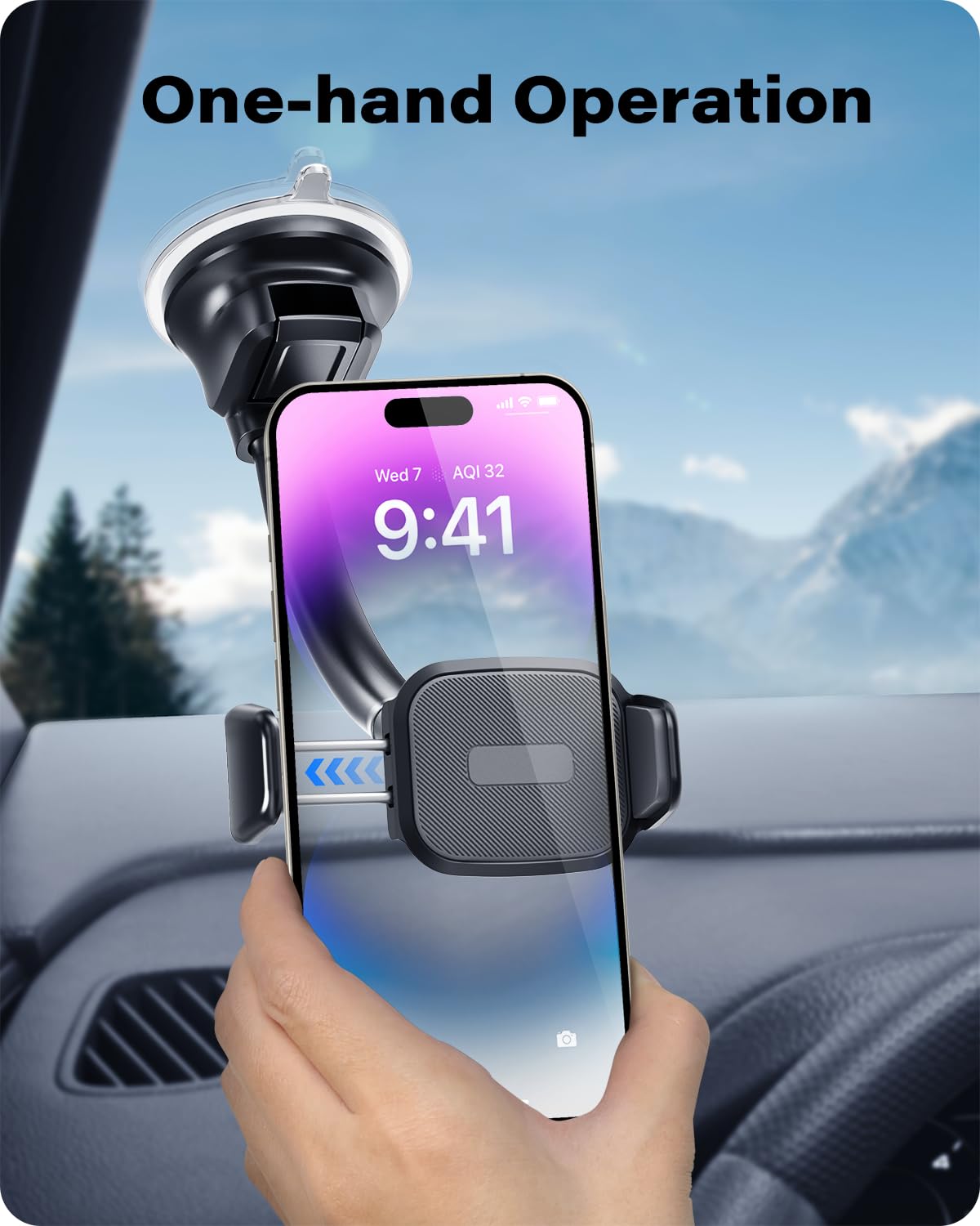 Oqtiq Suction Cup Car Phone Mount For Dashboard And Windshield - Dual Spring-Loaded Grips Expand To 3.8 Inches - Low Profile Bendable Arm Design - Fits All Phones(4.7-6.8")