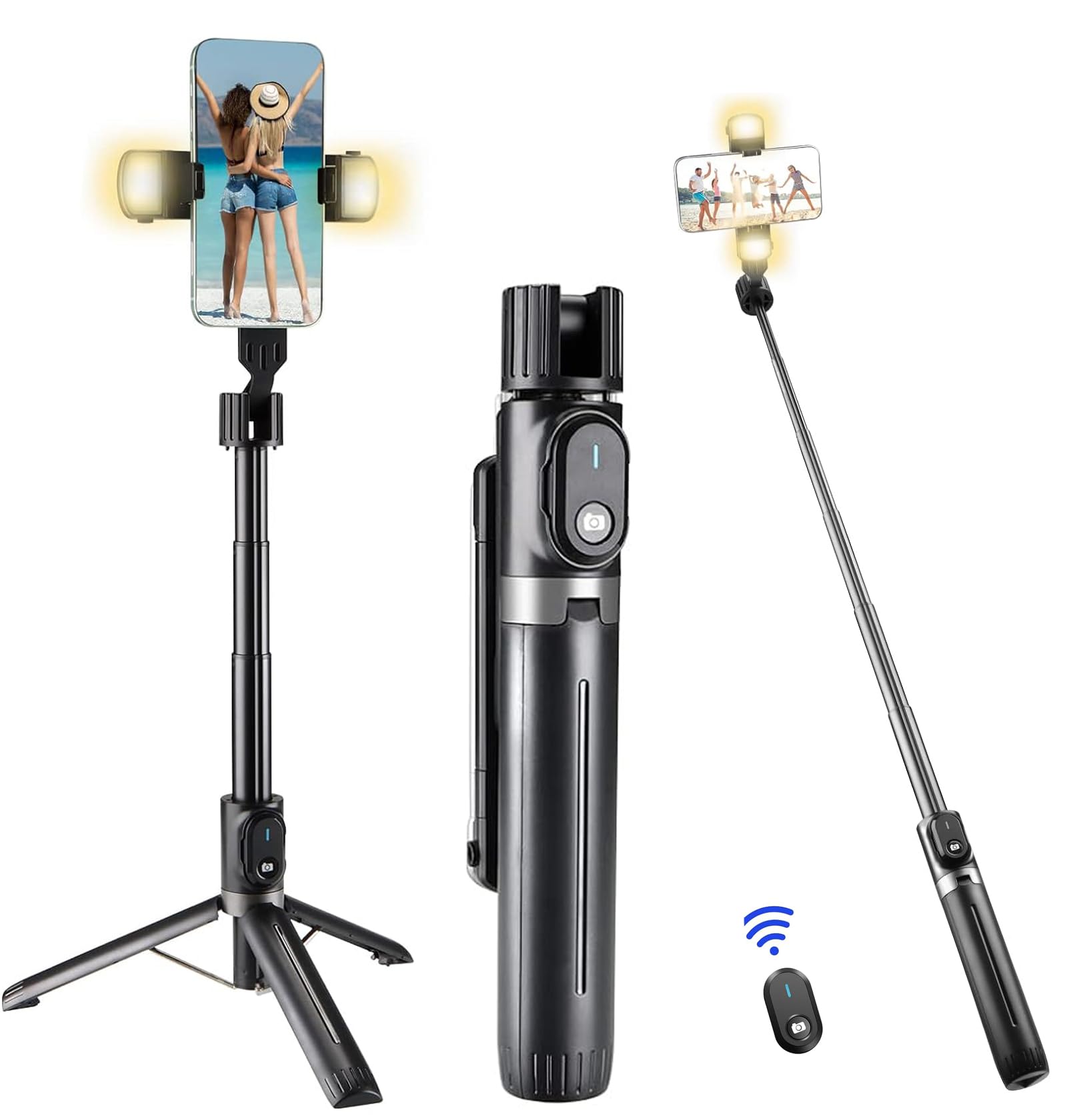 Mqouny Selfie Stick With Rugged Tripod,Extendable 41 Inch Aluminum Alloy Phone Tripod With Detachable Wireless Rechargeable Remote And Dual Ring Light,360 Rotation Phone Holder For Smartphone (Black)