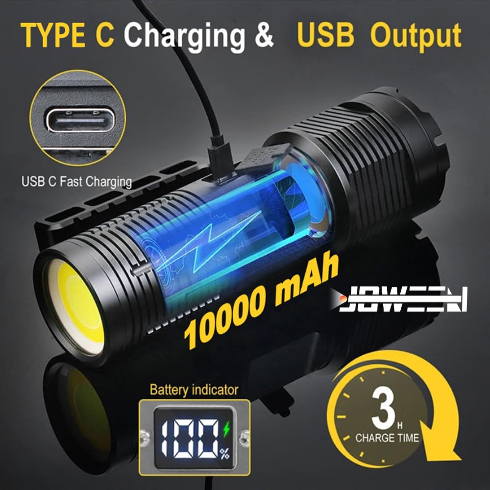 Ijoween 7018 Handheld Rechargeable Led Flashlight, Super Bright Torch With High Lumen,11 Light Modes, 4 Batteries Of 10400Mah With Power Bank Function