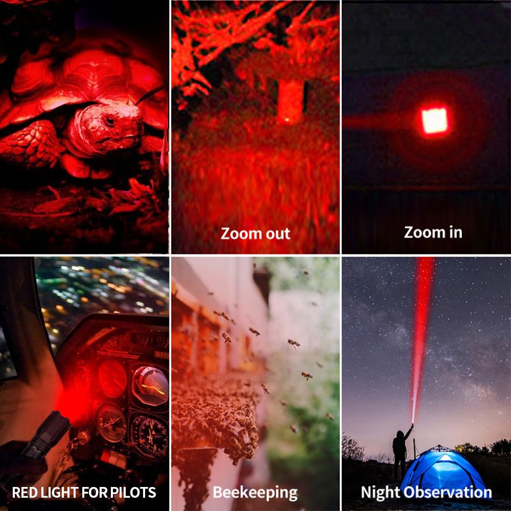 Yzyoe Red Light Tactical Flashlight, 4 In 1 White, Yellow, Amber, Red Light, Rechargeable, 1800K Warm Light For Eye Care, Hunting, Hiking, Wildlife Observation