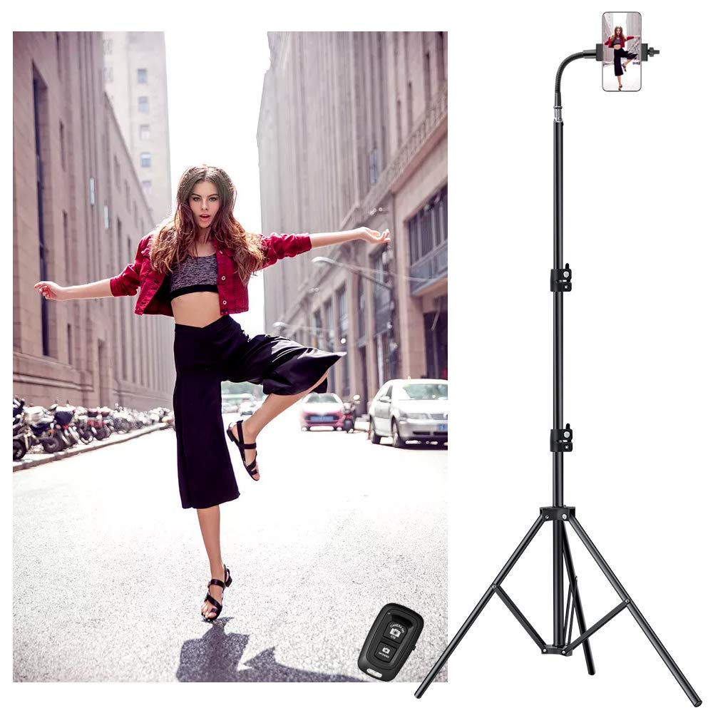 Liturui Cell Phone Tripod Tall Gooseneck And Remote 80 Inch With Bluetooth Remote Stand For Iphone Overhead Tripod