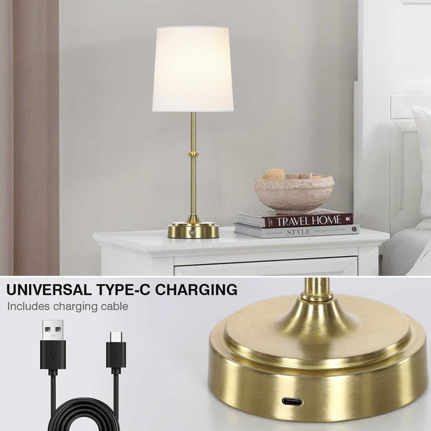 Cinyirong 16" Portable Cordless Table Lamp Set Of 2, Built-In Rechargeable Battery Lighting, Dimmable Lamp For Bedroom, Bedside, Gold Lamps For Dining Room, Antique Brass