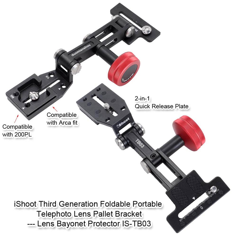 Ishoot Foldable Long Focus Lens Support, Portable Telephoto Lens Bracket, Zoom Lens Stand, 2-In1 Camera Quick Release Plate Compatible With Manfrotto 200Pl & Arca-Swiss Fit Tripod Ball Head Clamp