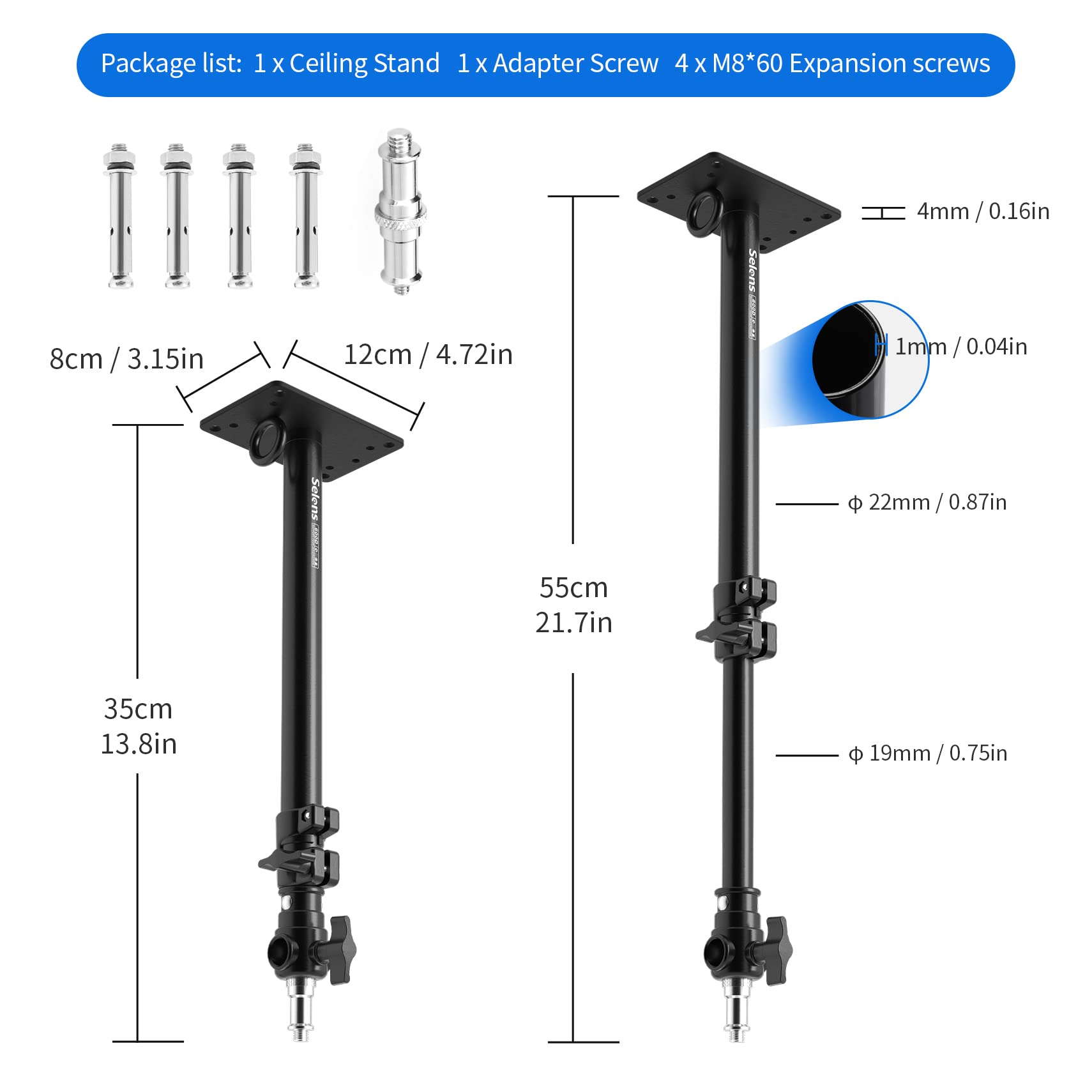 Meking Selens Photography Studio Wall Mount, Camera Wall Ceiling Mount Boom Arm Up To 22" For Photo Video Monolights, Umbrellas, Reflectors, Overhead With 3/8" 1/4" Thread