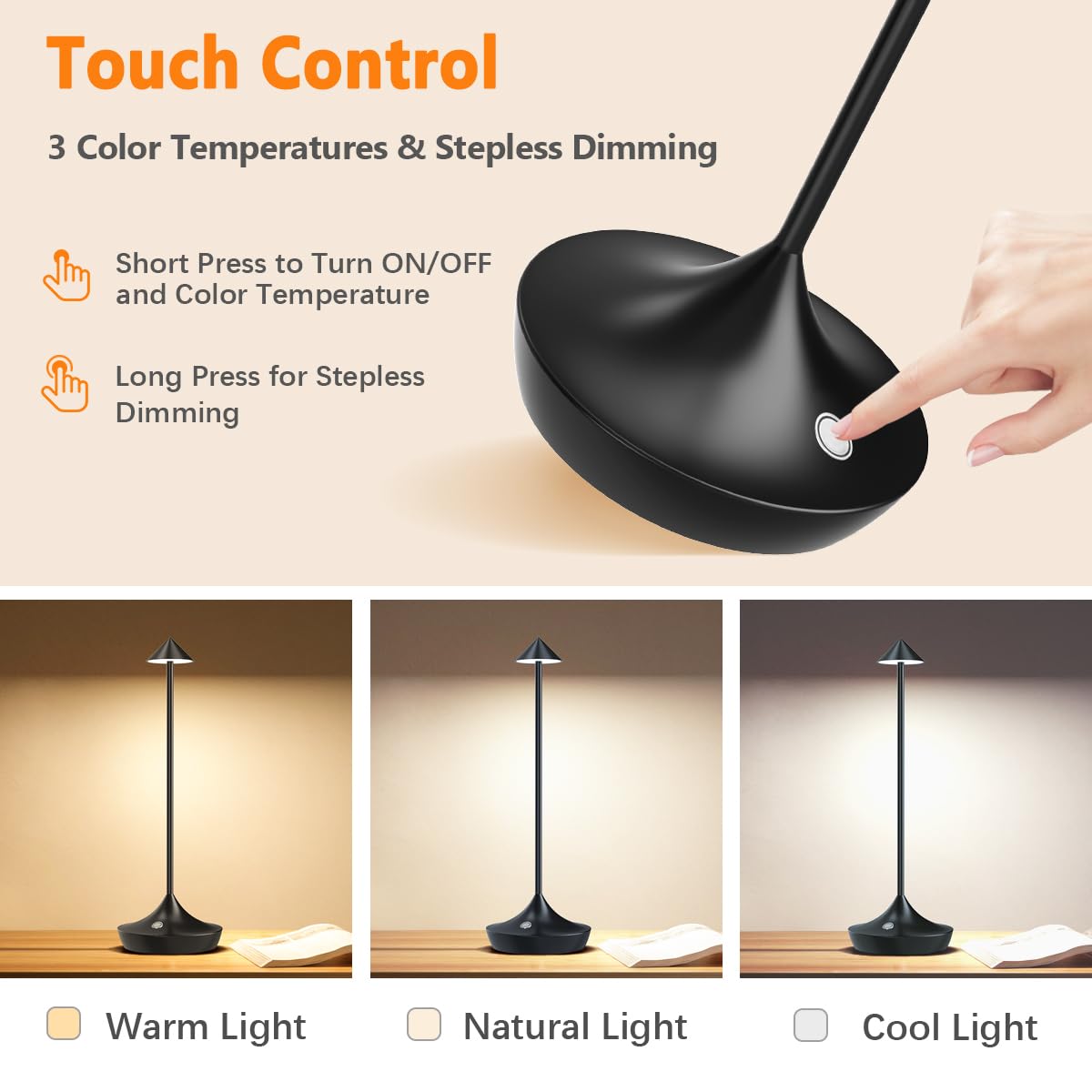 Bravzurg Cordless Table Lamps Rechargeable, 6000Mah Battery Operated Led Touch Desk Lamp Outdoor Waterproof Wireless Dimmable Modern Table Light For Dining Patio Restaurant Home Set Of 2 Black