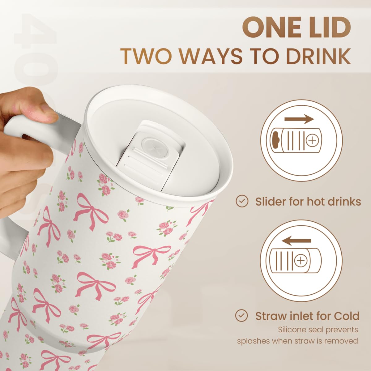 Sandjest Bow Tumbler With Handle 40Oz, Stainless Steel Insulated Tumblers Coffee Travel Cup
