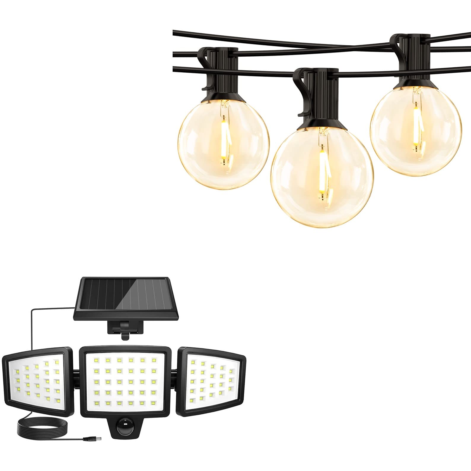 Lepro Bundle - Solar Flood Light 3 Adjustable Heads With Separeted Solar Panel & 50 Ft Outdoor String Lights 25 Led G40 Edison Bulbs String Lights