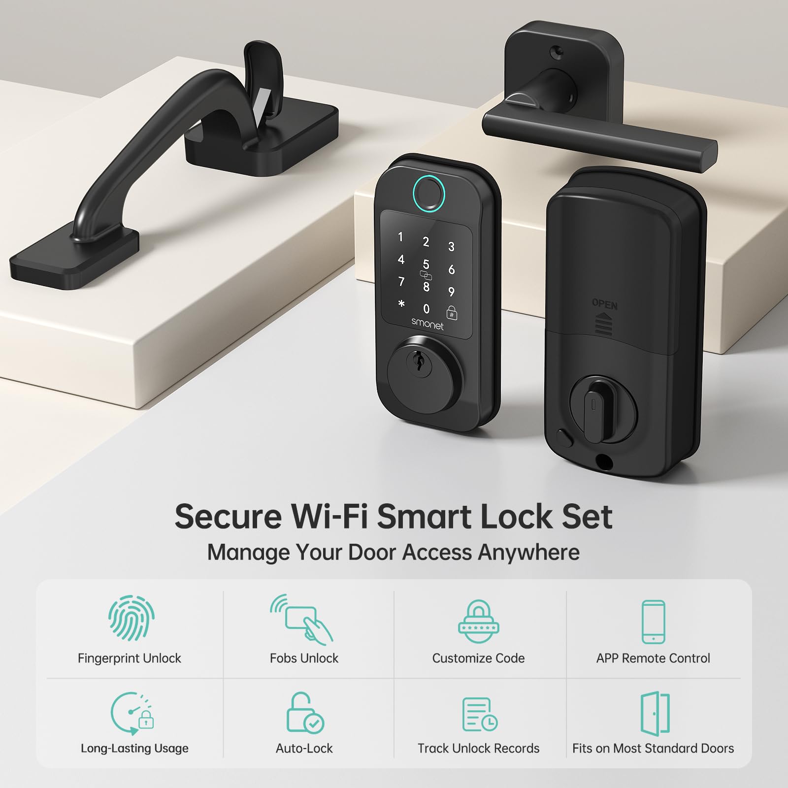 Smonet Keyless Entry Door Lock Deadbolt With Handle Set - Fingerprint Wifi Smart Deadbolt, Digital Remote Control Keypad Bluetooth Alexa Lockset With Auto Lock Code Fob App Black