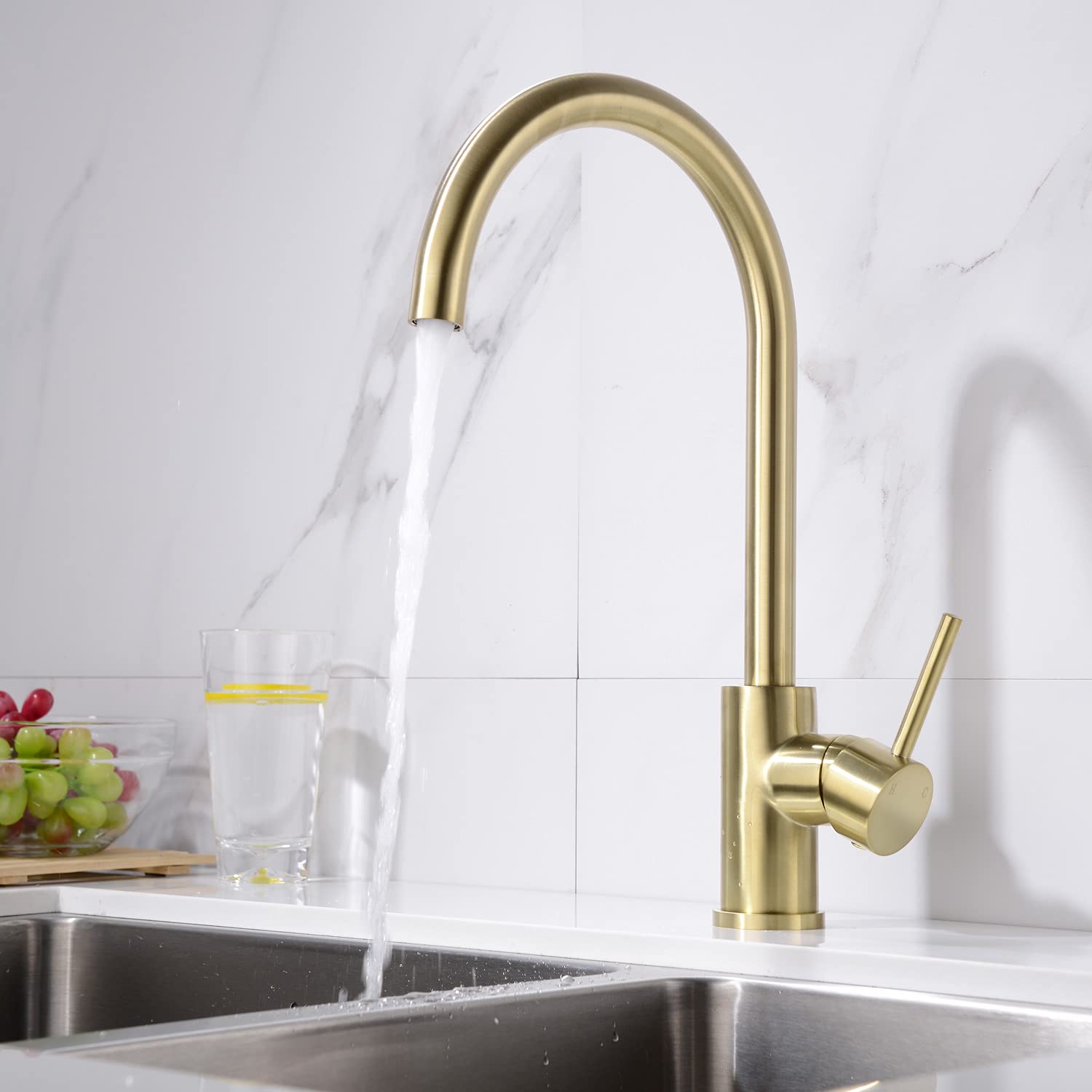 Trustmi Solid Brass Kitchen Faucet Single Handle 1 Hole 360-Degree Swivel Gooseneck Bar Sink Mixer Tap, Brushed Gold