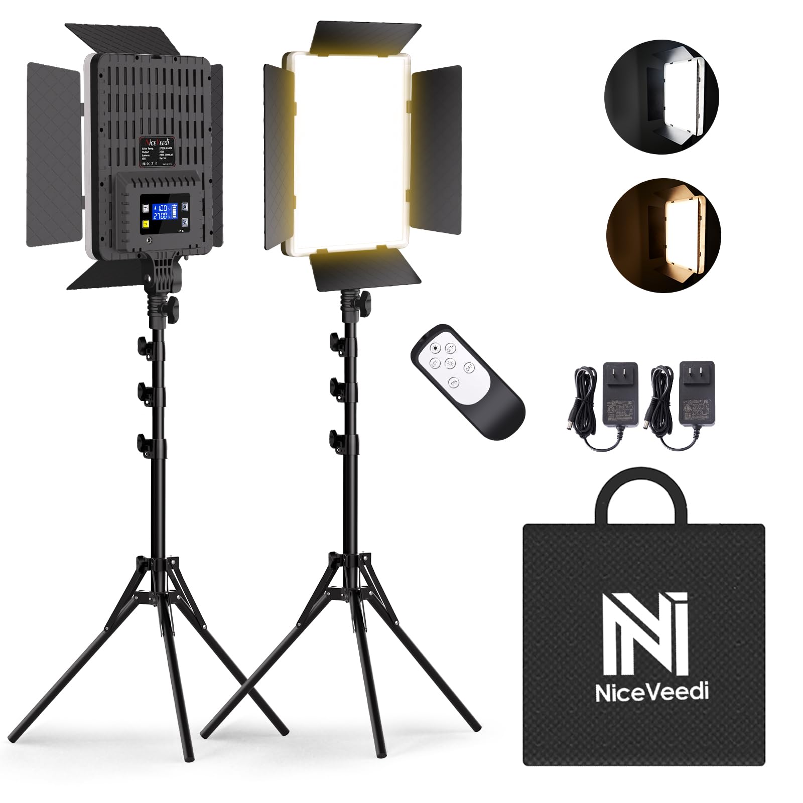 Niceveedi 2-Pack Photography Lighting Kit, 36W Bi-Color Studio Lights 2700-6500K Cri 95+, Dimmable Led Video Light Kit With Remote Control & 72” Tripod Stand, Lighting For Video Recording/Photography