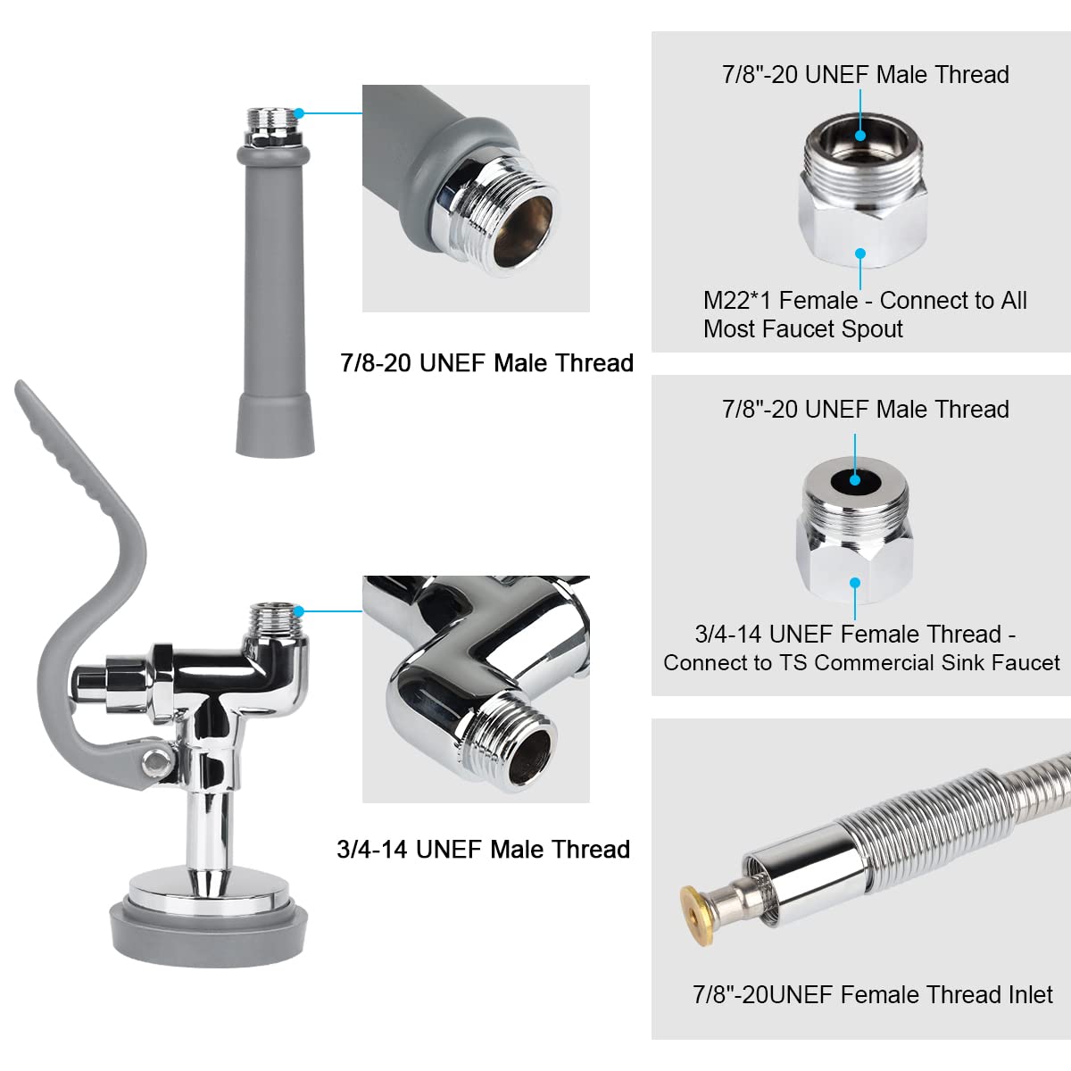Kanoney Commercial Sink Sprayer With 45" Flexible Stainless Steel Hose, Pre-Rinse Dish Spray Valve Replacement Kit Assembly Sprayer Nozzle Head For Industrial Restaurant Kitchen Faucets, Gray