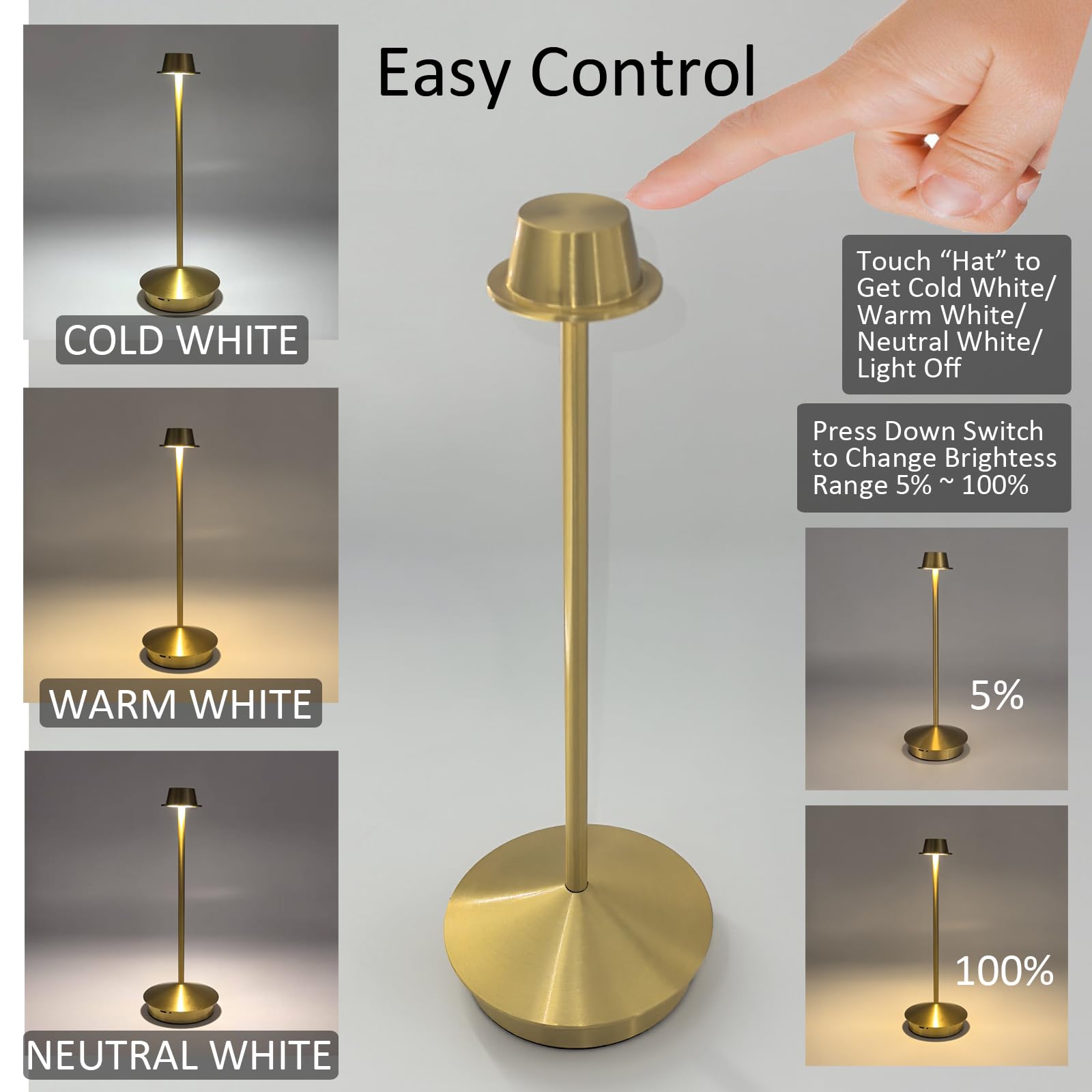 Reddragon Lighting 10000Mah Rechargeable Battery Powered Gold Table Lamps Cordless Set Of 2 Waterproof Outdoor Small Decor Desk Lights Pina Table Ambient Lamps For Living Room, Bedroom, Kitchen (2 Pack, Gold)