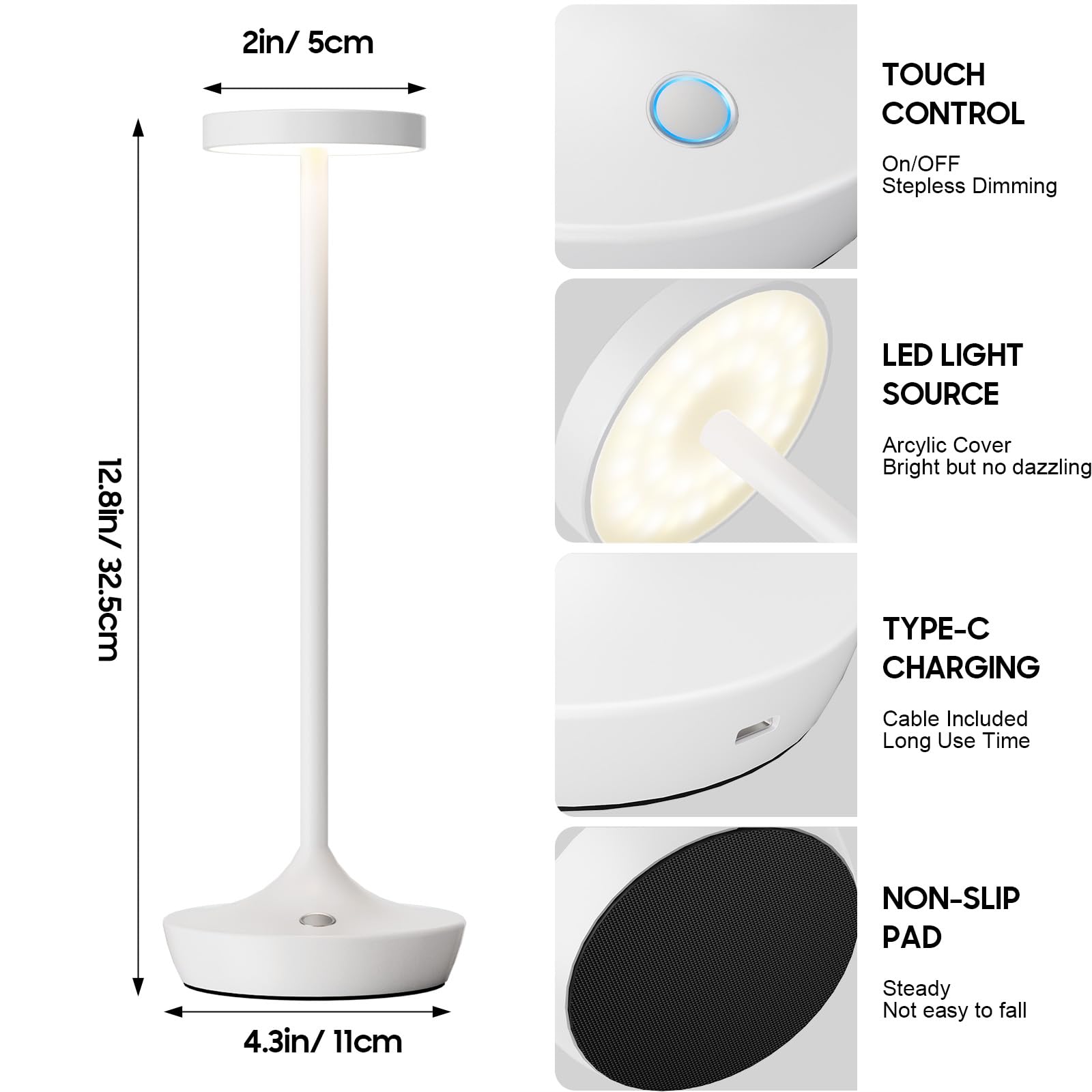 Tpczqj 2 Pack Led Cordless Table Lamp Rechargeable，Outdoor Battery Operated Desk Lamp Touch 3 Color Dimming Portable Waterproof Night Light For Patio/Restaurant/Dining/Home (White)