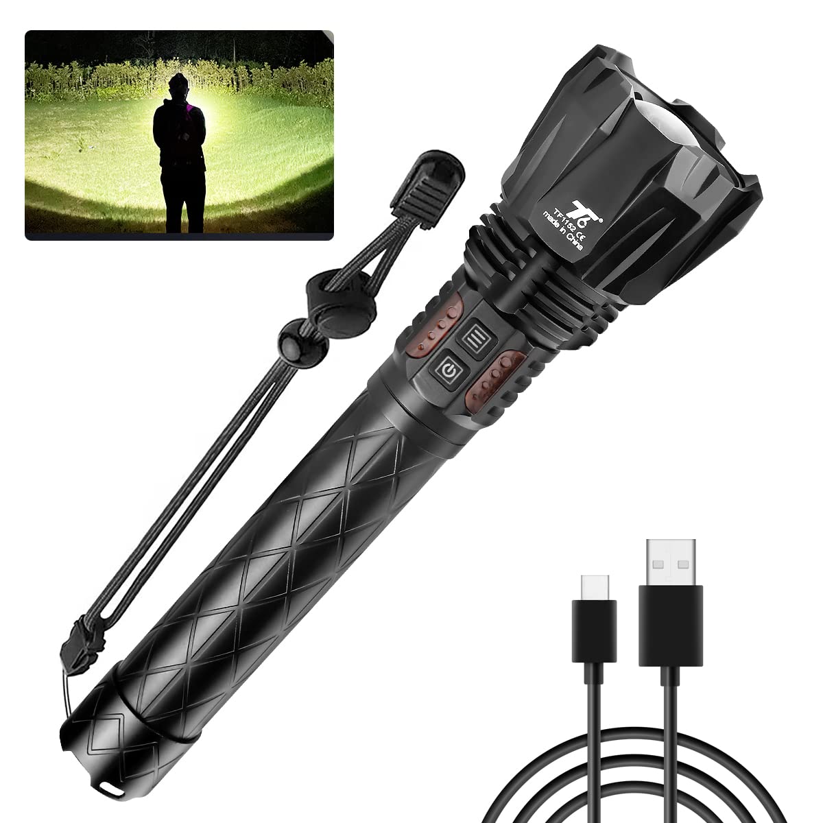 T6 Rechargeable Flashlights - 5 Modes Super Bright Flash Light For Camping Outdoor Emergency Home, 100000 Lumen High Power Led Torch Light Handheld Ipx65 Waterproof Tactical Flashlight Adjustable Zoom