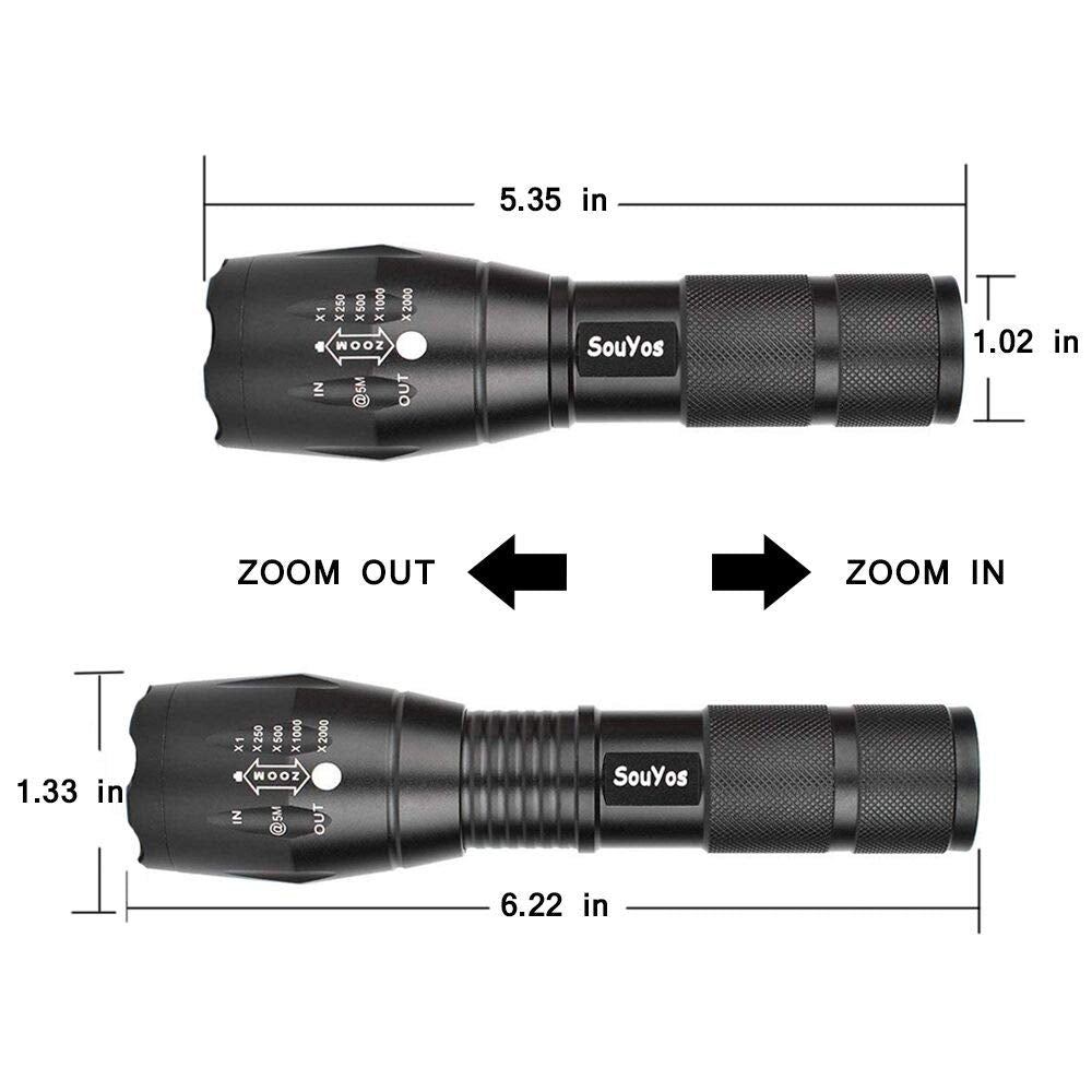 Souyos Military Grade Flashlight 2000 Lumen 5 Modes Water Resistant Led Tactical Torch Flash Light, 2 Pack