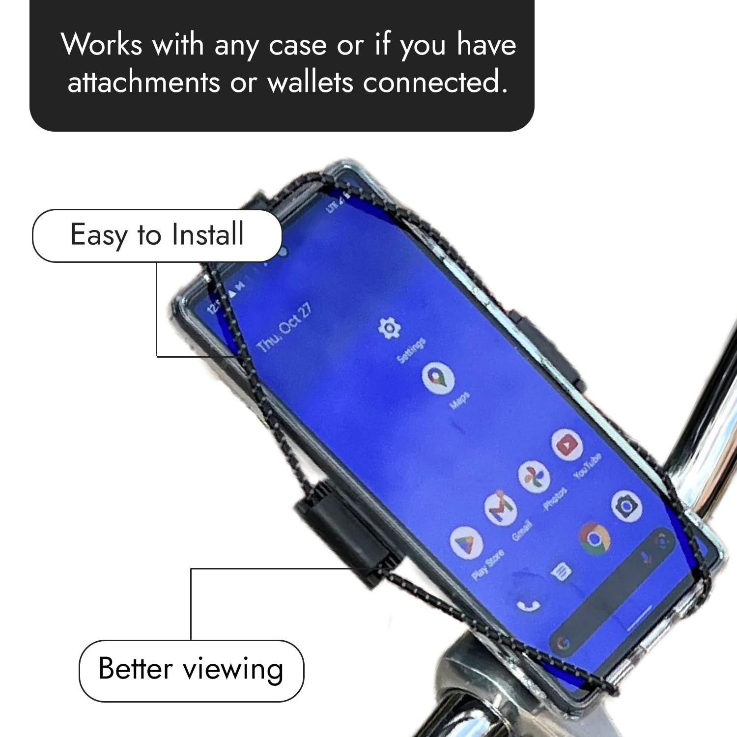 Bikase Elastokase Universal Bike Phone Mount, Flexible Rubber Handlebar Holder For Smartphones, Secure Shock Cord Grip, Fits Iphone & Samsung Galaxy, Ideal For E-Bikes