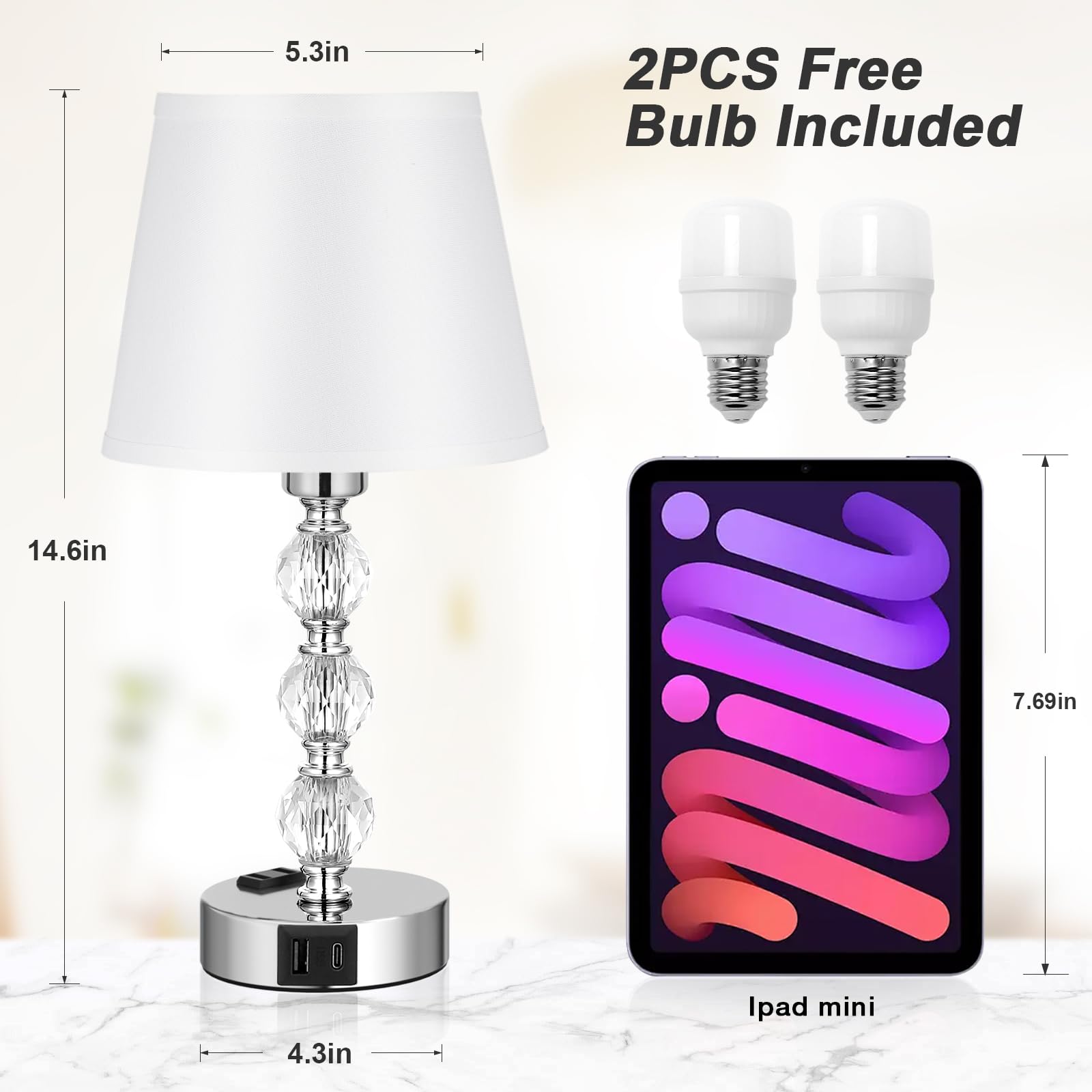 Acaxin 14.6'' Bedside Lamps For Bedrooms Set Of 2 - Mini Crystal Table Lamps With Usb A+C Charging Ports And Ac Outlet, 3 Way Dimmable Touch Control Silver Bed Side Nightstand Lamp