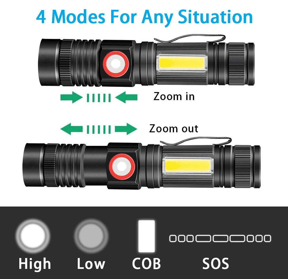 Vnina Rechargeable Tactical Flashlight, Usb Magnetic Flashlights With Cob Flash Light - 4 Models, Zoomable, Waterproof, Led Tactical Flashlight High Lumen Bright For Indoor Outdoor Camping 2 Pack