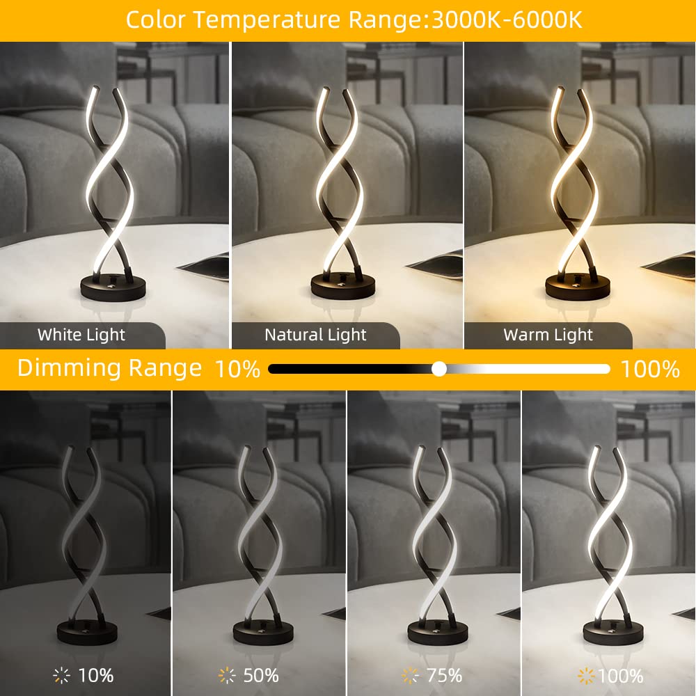 Eidearay Led Modern Table Lamp, Stepless Dimmable Spiral Table Lamps For Bedroom, 3 Colors Touch Control Bedside Nightstand Lamp With 1 Usb Charging Ports, Desk Lamps For Living Room Office (Black)