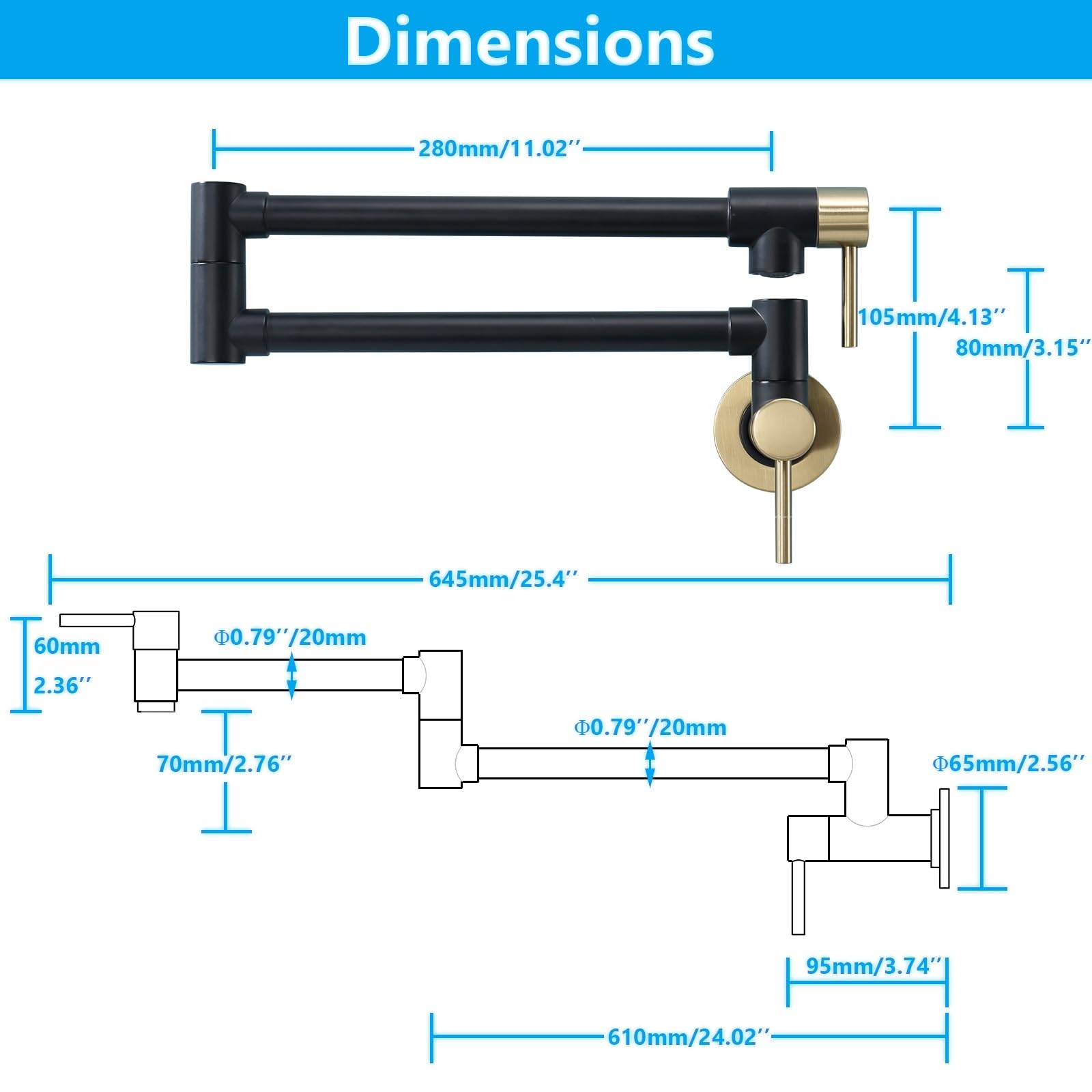 Kmeino Brass Pot Filler Faucet Black And Gold, Wall Mount Folding Kitchen Faucet With Double Joint Swing Arms, Brushed Gold Pot Filler Faucet