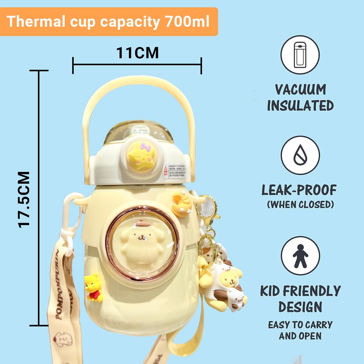 Cute Stainless Steel Water Bottle, Straw Thermos Mug With Portable Stylish Perfect Sport Set
