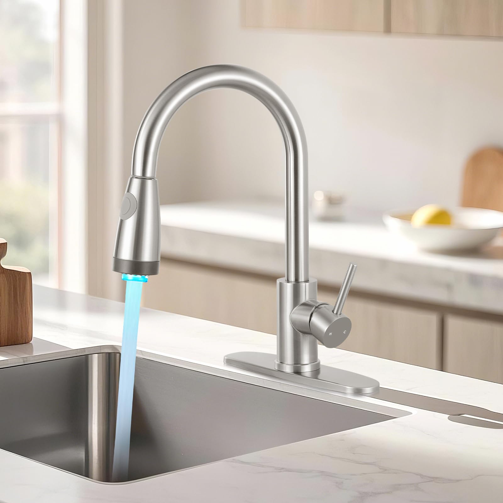 Aklfgn Led Light Kitchen Faucet With Pull Down Sprayer High Arc Single Handle Stainless Steel Sink Faucets, Suitable For 1 Or 3 Hole Brushed Nickel Kitchen Faucet