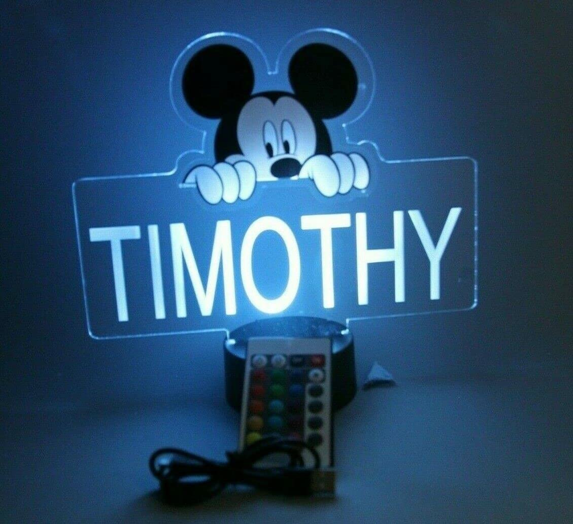 Mirror Mania Mickey Night Light Up Led Desk Table Lamp Personalized Engraved Made To Order Home Girls Boys Room Decor, 16 Bright Color Options With Remote, A Must Have