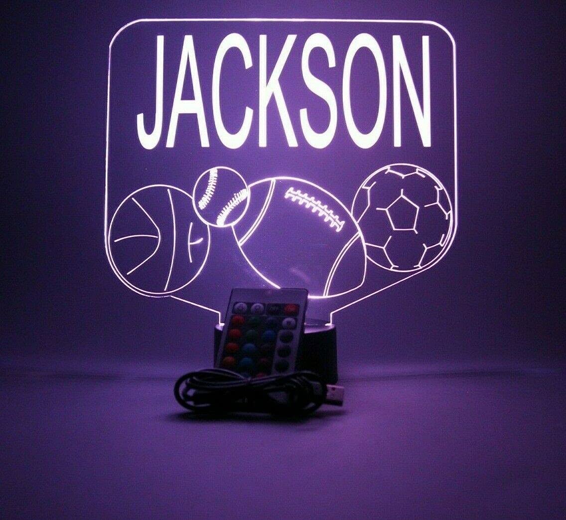 Mirror Mania Sports Array Soccer Ball Baseball Football Basketball With Custom Name Night Light Up Lamp Led Engraved Custom Name Personalized Athletic Table Lamp With Remote, 16 Colors, It'S Wow, Great