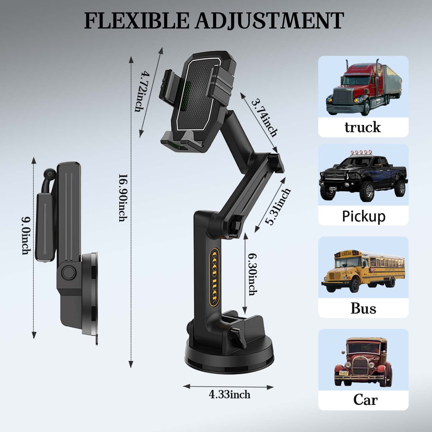Wuitin Truck Phone Holder Mount,Car Phone Holder,Dashboard Windshield Phone Holder 16.9 Inch Long Arm,Super Suction Cup Compatible With Pickup Truck,Commercial Truck And All Phone