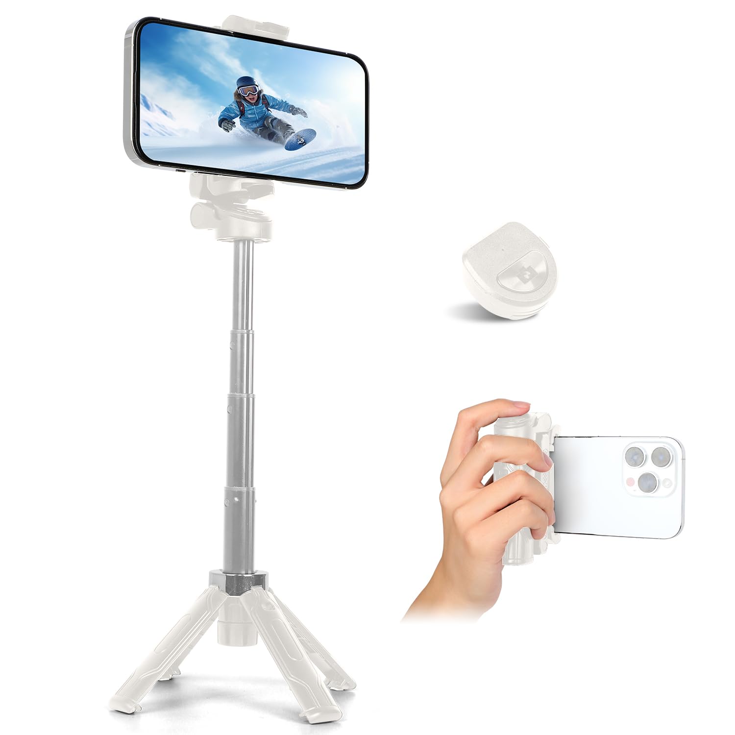 Luvandier Jc-25 Mini Selfie Stick Tripod, Floor-Standing Quadripod For Taking Photos, With Detachable Embedded Remote Control, 3-In-1 Travel Portable Pocket Tripod (White)