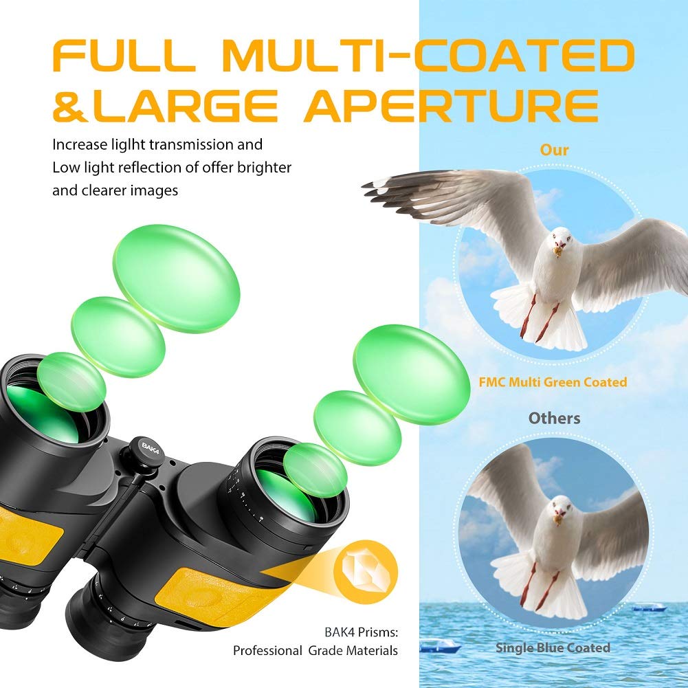 Hooway 7X50 Waterproof Fogproof Military Marine Binoculars W/Internal Rangefinder & Compass For Navigation,Boating,Fishing,And More