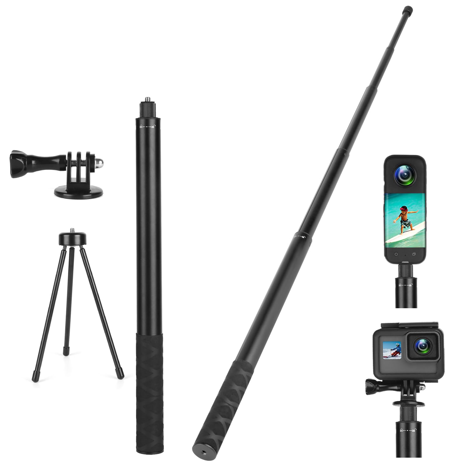 Mippko 61.8 In Insta360 Invisible Selfie Stick With Tripod Accessory,Compatible With X5/X4/X3/X2/One Rs/Go 2/3,Gopro Hero/Dji Osmo/Sjcam Action Cameras,Adjustable Extendable Waterproof Aluminum Alloy Rod