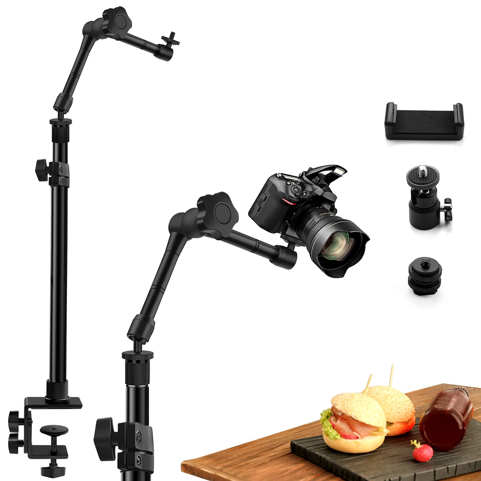 Obeamiu Camera Desk Mount Stand, 11 Inch Magic Arm With 1/4" Screw Thread, 15.5-25.5 Inch Tabletop Clamp Mount Stand For Dslr Camera Rig/Ring Light/Self Broadcasting/Live Streaming/Online Working