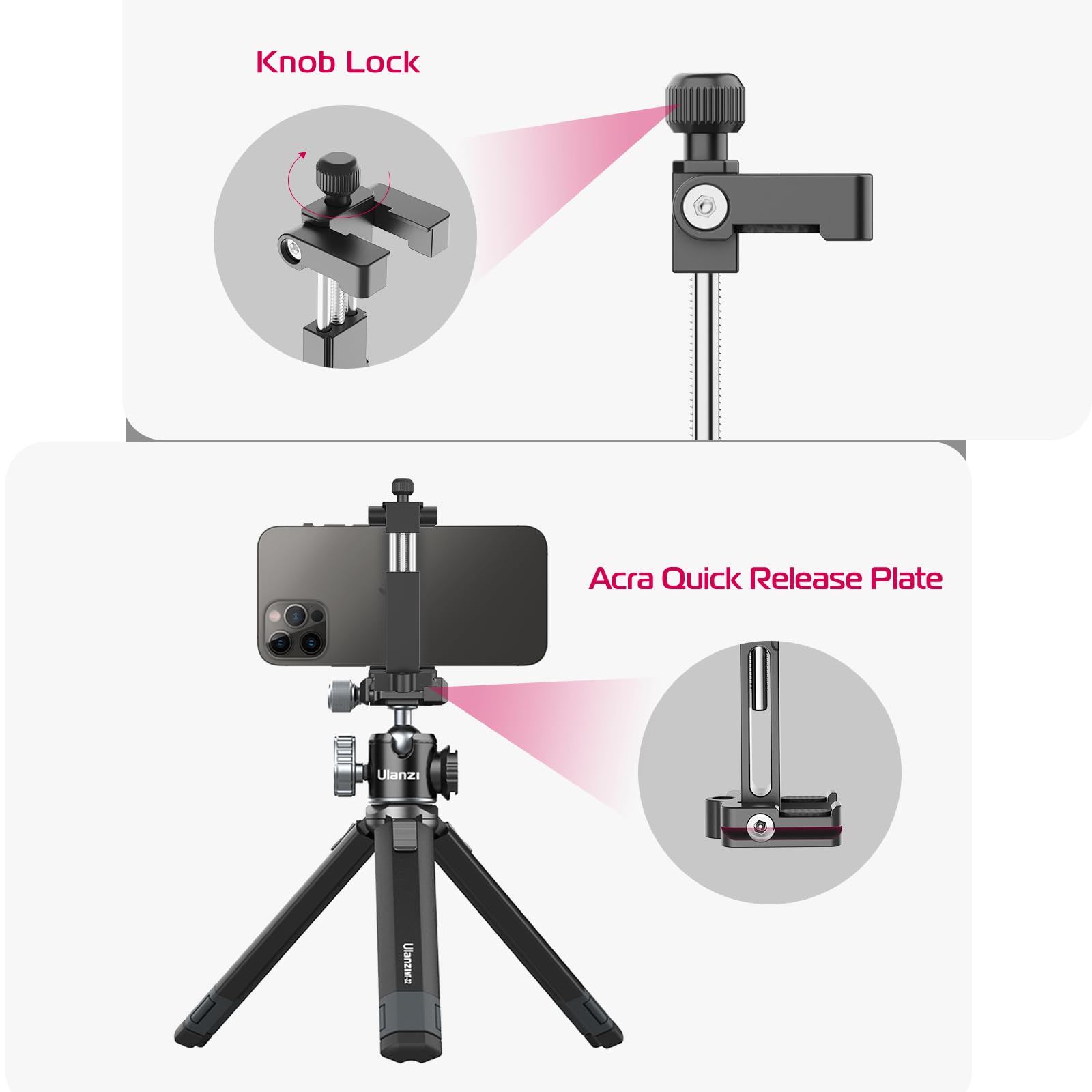 Ulanzi St-03 Metal Smart Phone Tripod Mount With Cold Shoe Mount And Arca-Style Quick Release Plate For Iphone Xs Xs Max X 8 7 Plus Samsung,Cell Phone Tripod Holder Clip Adapter For Joby Gorillapod