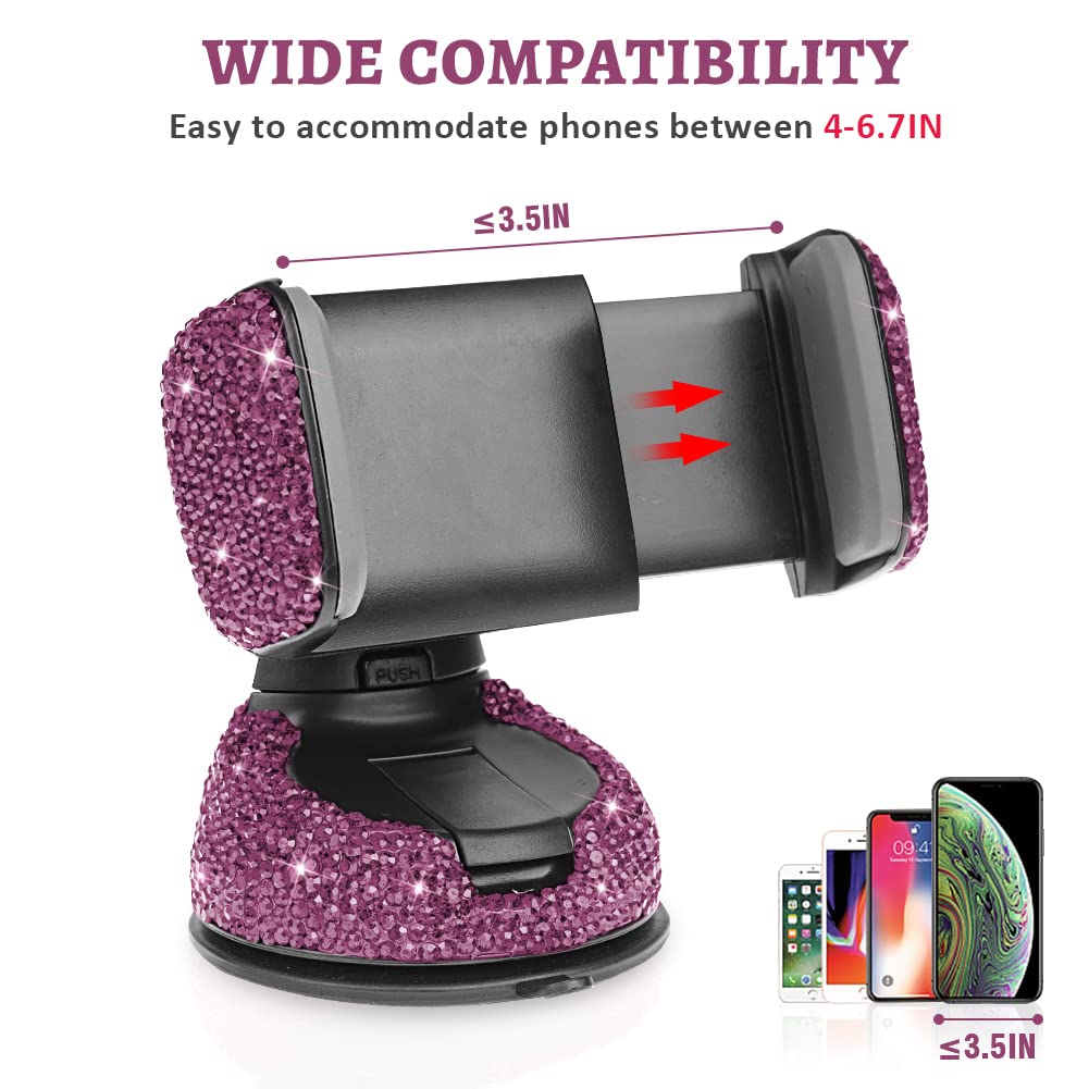 Eing Car Phone Mount Cell Phone Holder With One More Air Vent Base,Bling Crystal Universal Phone Mount Holder Cradle For Dashboard,Windshield And Air Vent,Purple