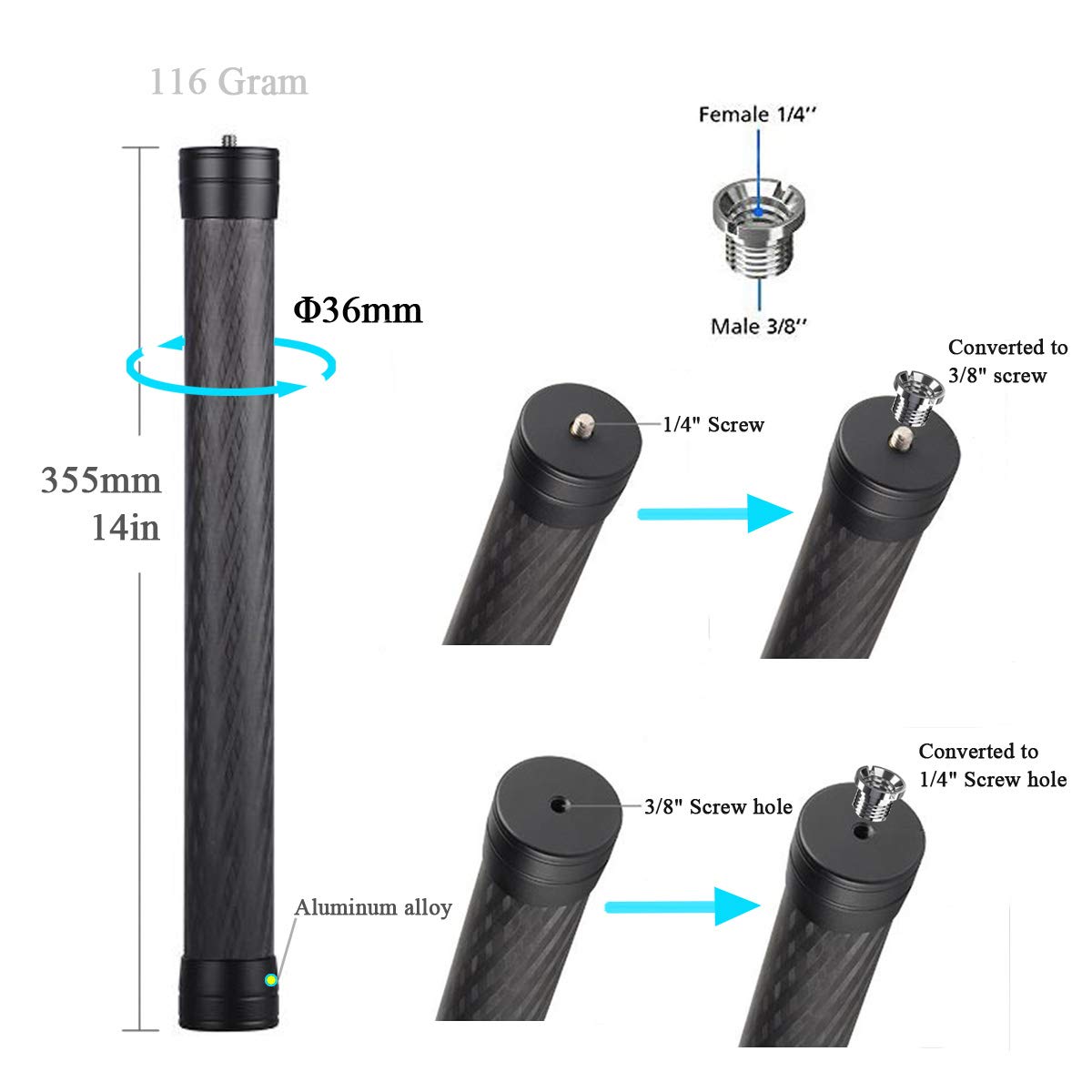 Atoptek Gimbal Extension Pole Carbon Fiber Rod Monopod Stick Lightweight 1/4'' 3/8'' Thread For Dji Ronin S/Sc, Osmo Mobile 3, Zhiyun Crane 2 V2, Moza Aircross, Feiyutech, Dslr Camera, Stabilizer