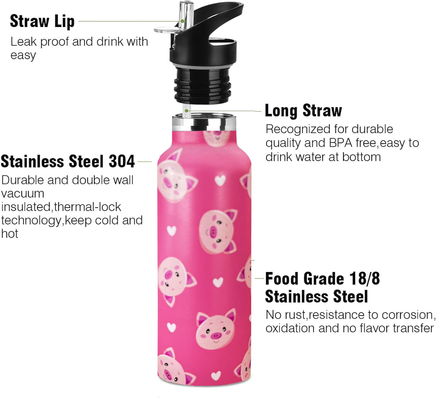 Pig Water Bottle Kids Travel Mugs With Straw Insulated Stainless Steel Travel Mugs Tumbler