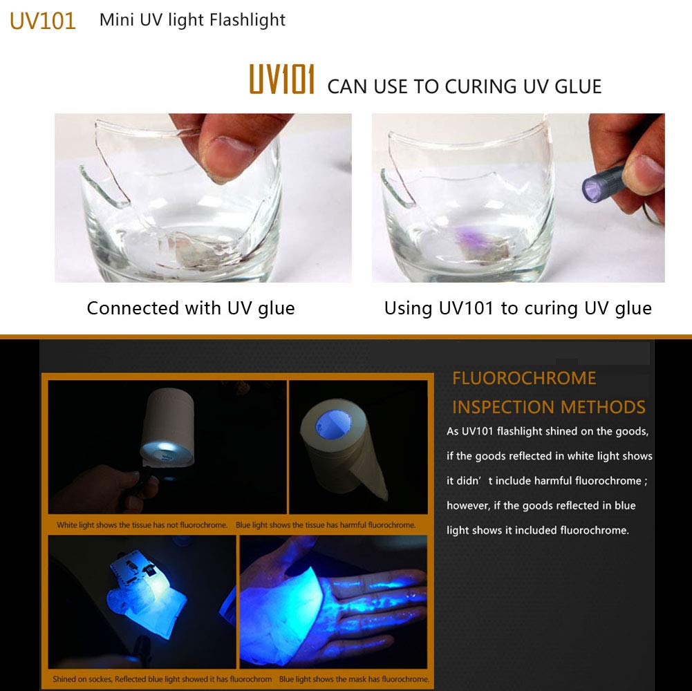 Ing Light Lightfe Uv101 365Nm Flashlight Led Purple Light Identification Handheld Black Uv Torch Aaa Battery For Glue, Pet Urine, Counterfeit Money, Resin… (Led-Uv101-365Nm)