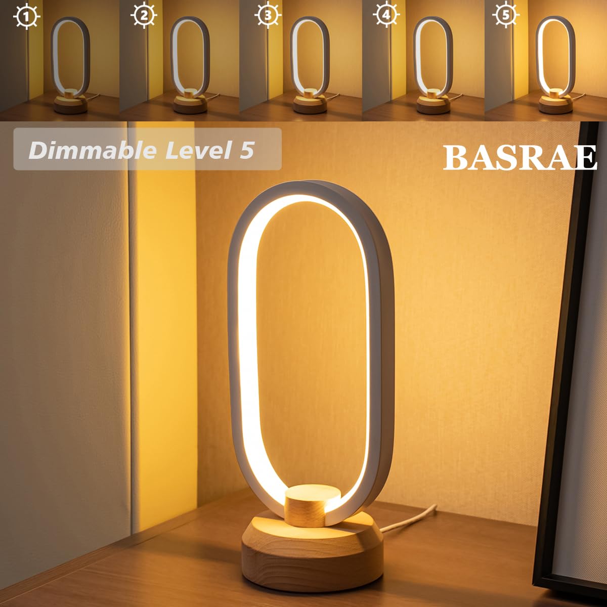 Basrae Bedside Table Lamp Bedroom Modern Oval Nightstand Lamps,Small Led Table Light,Warm White 3 Color Temperatures,Dimmable Lights With Usb Cable,For Home Adult Kids Living Room Lounge Deco Lighting