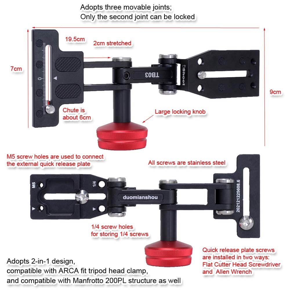 Ishoot Foldable Long Focus Lens Support, Portable Telephoto Lens Bracket, Zoom Lens Stand, 2-In1 Camera Quick Release Plate Compatible With Manfrotto 200Pl & Arca-Swiss Fit Tripod Ball Head Clamp