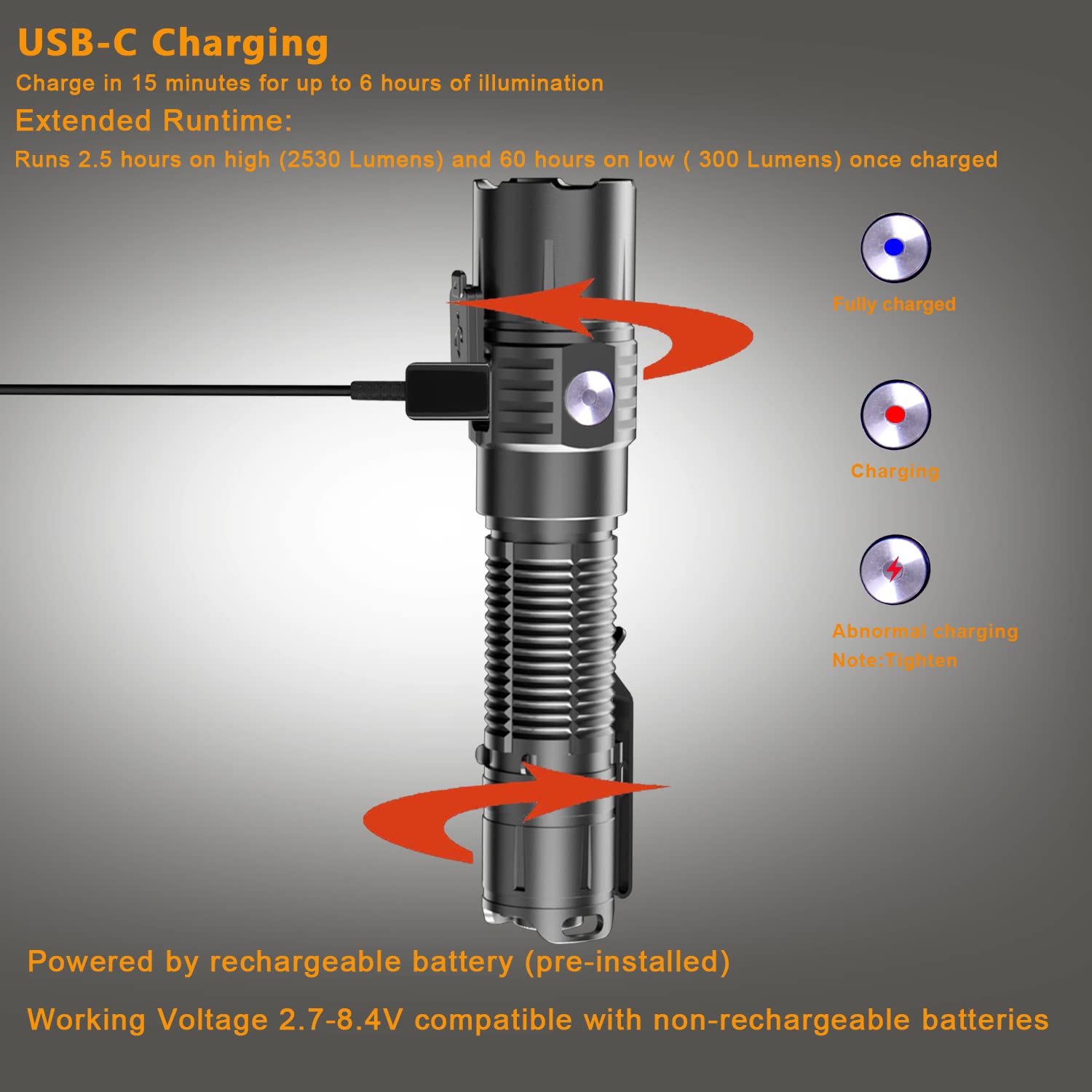 Soonfire Mx75 2530 Lumen Led Tactical Flashlight Law Enforcement, 390 Yards Beam Distance Usb-C Rechargeable Pocket Flashlight With Battery