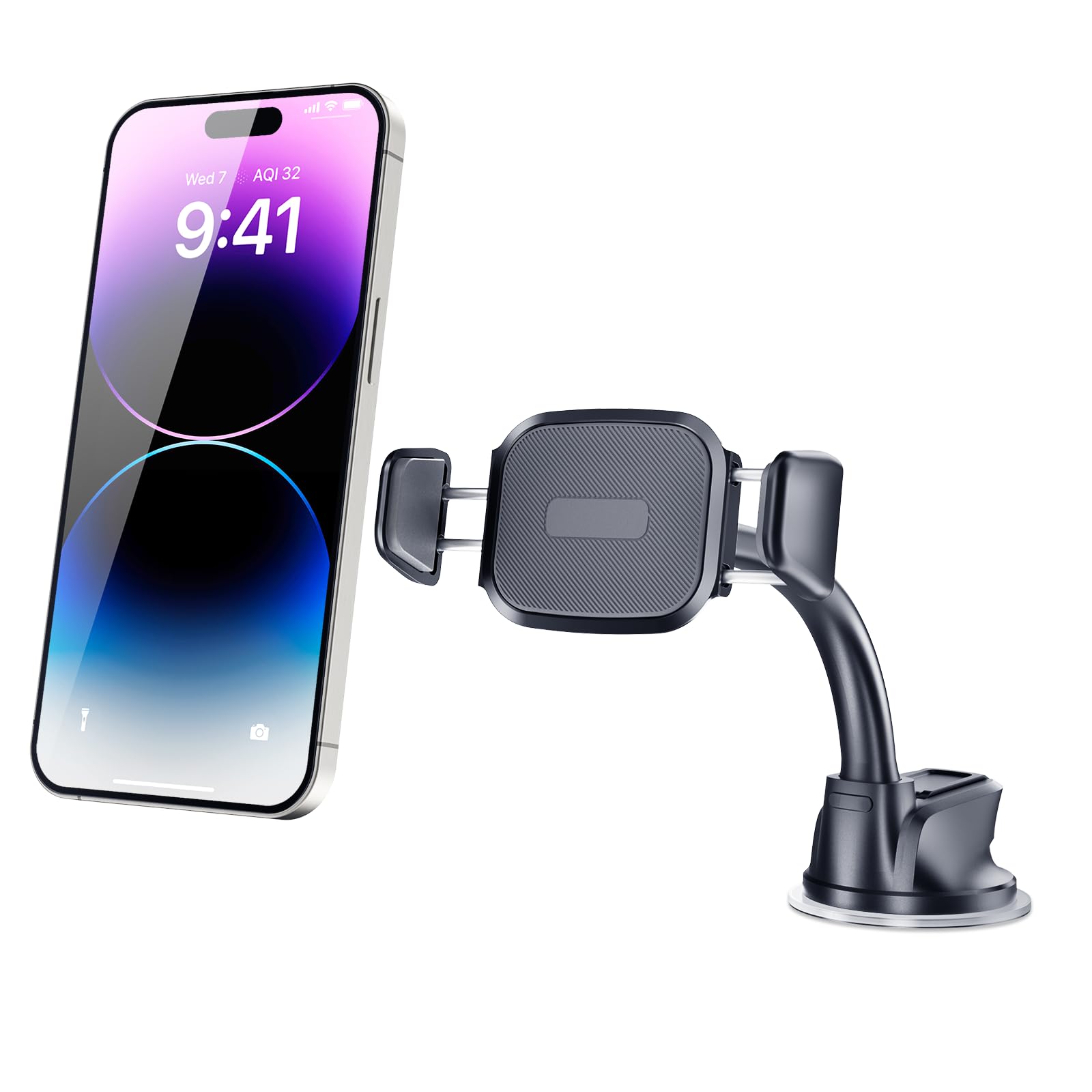 Oqtiq Suction Cup Car Phone Mount For Dashboard And Windshield - Dual Spring-Loaded Grips Expand To 3.8 Inches - Low Profile Bendable Arm Design - Fits All Phones(4.7-6.8")