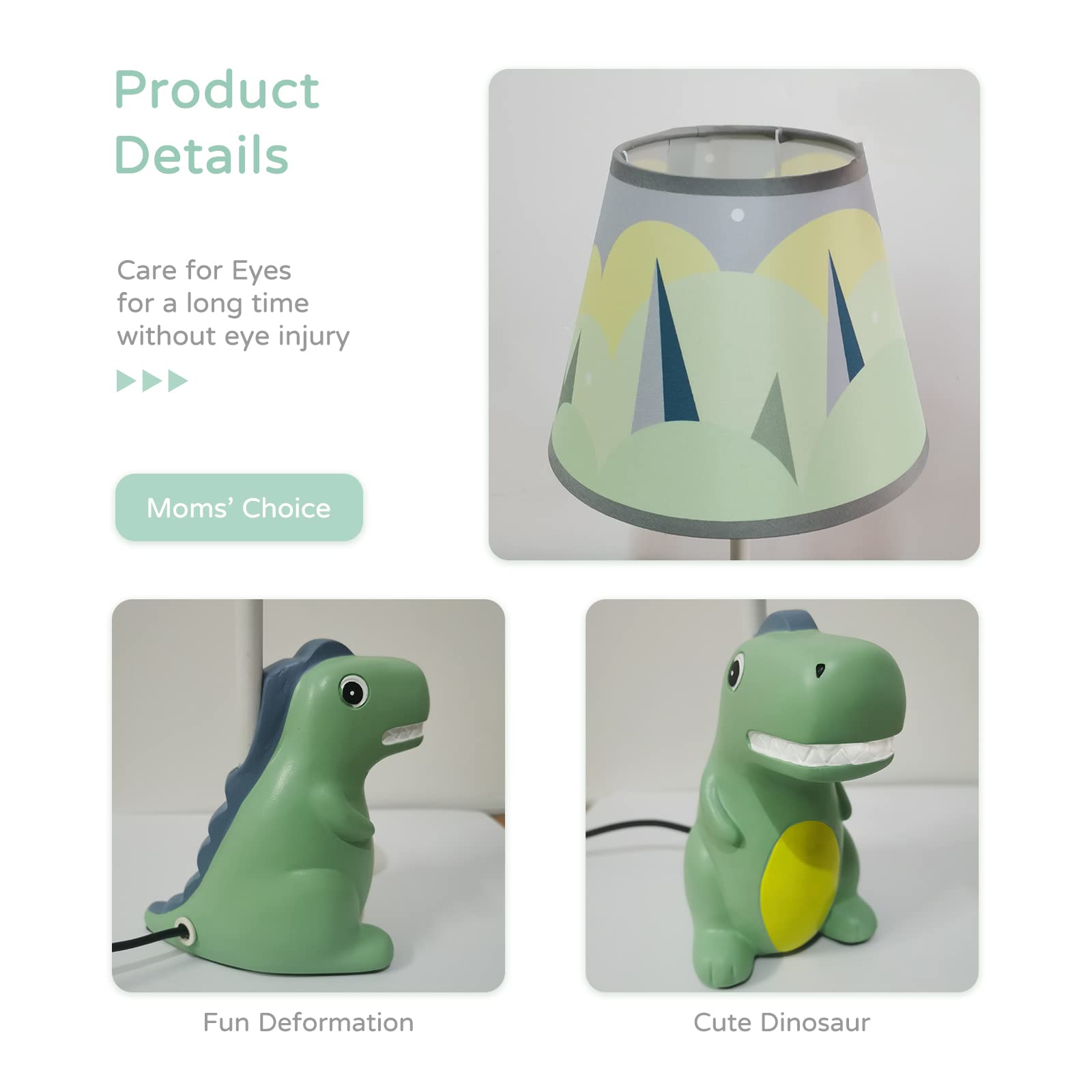 Herbestbay Kids Table Lamp, Dinosaur Lamp Design Bedside Table Lamp, 13 Inch Tall Desk Lamp With Barrel Lampshade For Boys Bedroom Décor, Come With An Led Bulb (Green Dinosaur)