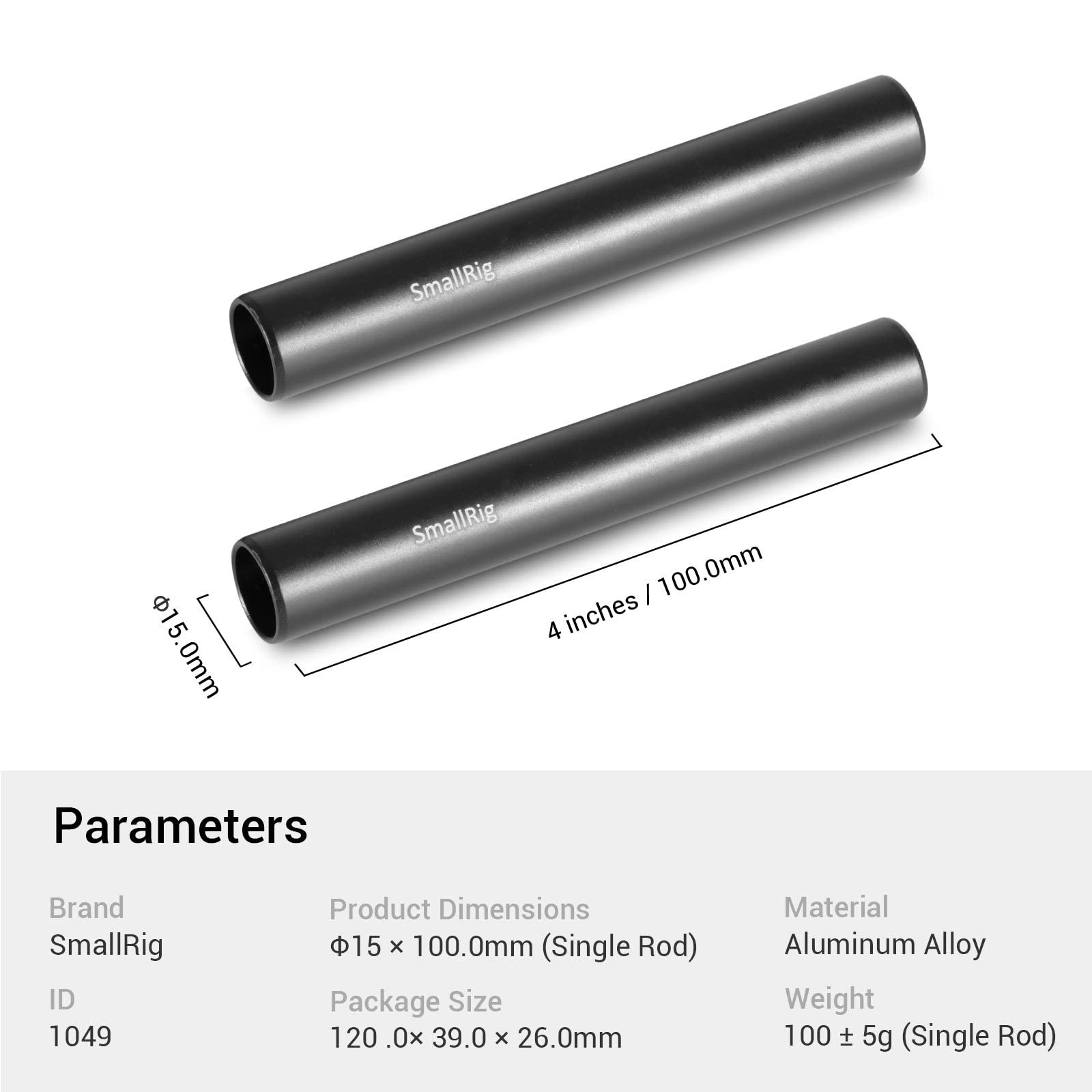 Smallrig 4 Inches (10 Cm) Black Aluminum Alloy 15Mm Rod With M12 Female Thread, Pack Of 2-1049